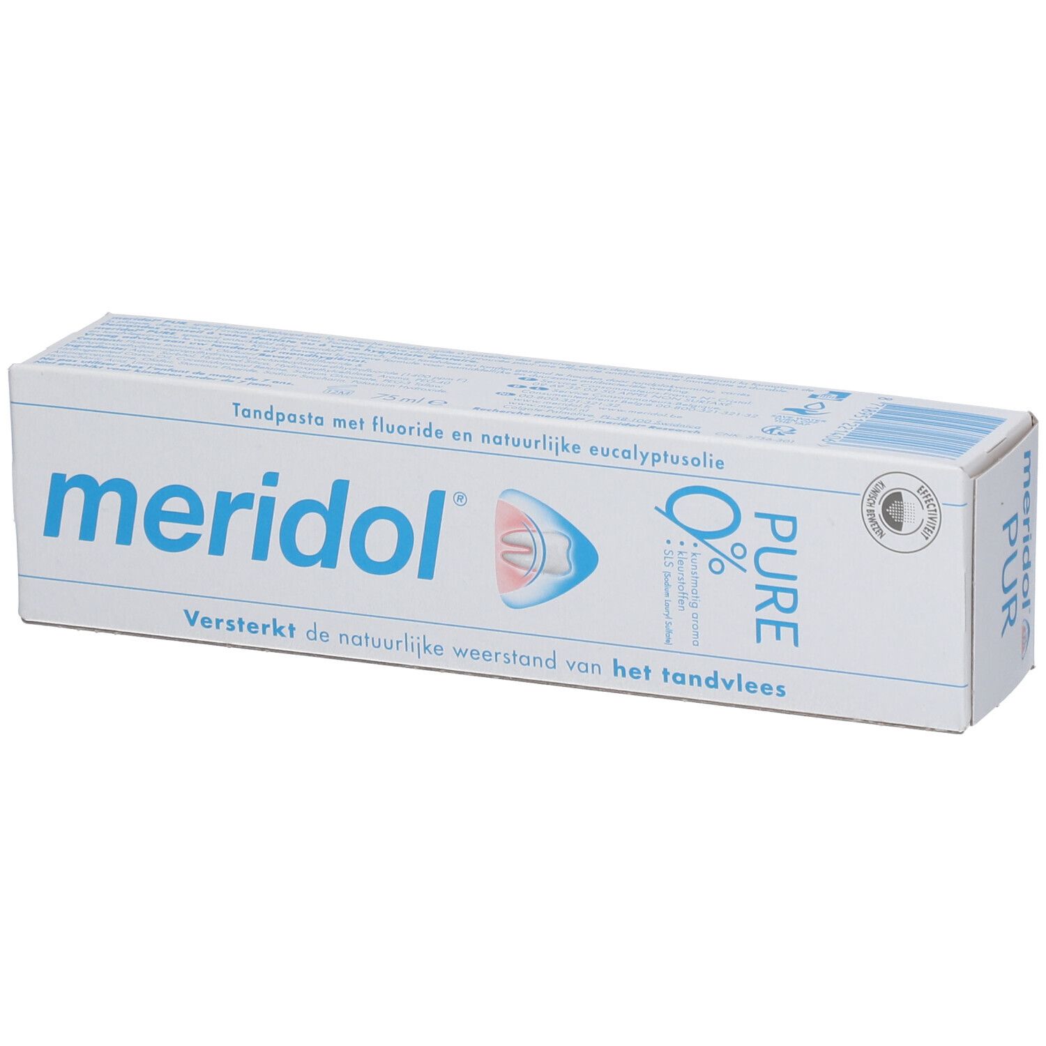 Emballage de dentifrice meridol® PUR. Boîte blanche avec texte et logo bleus. Inscriptions en néerlandais.
