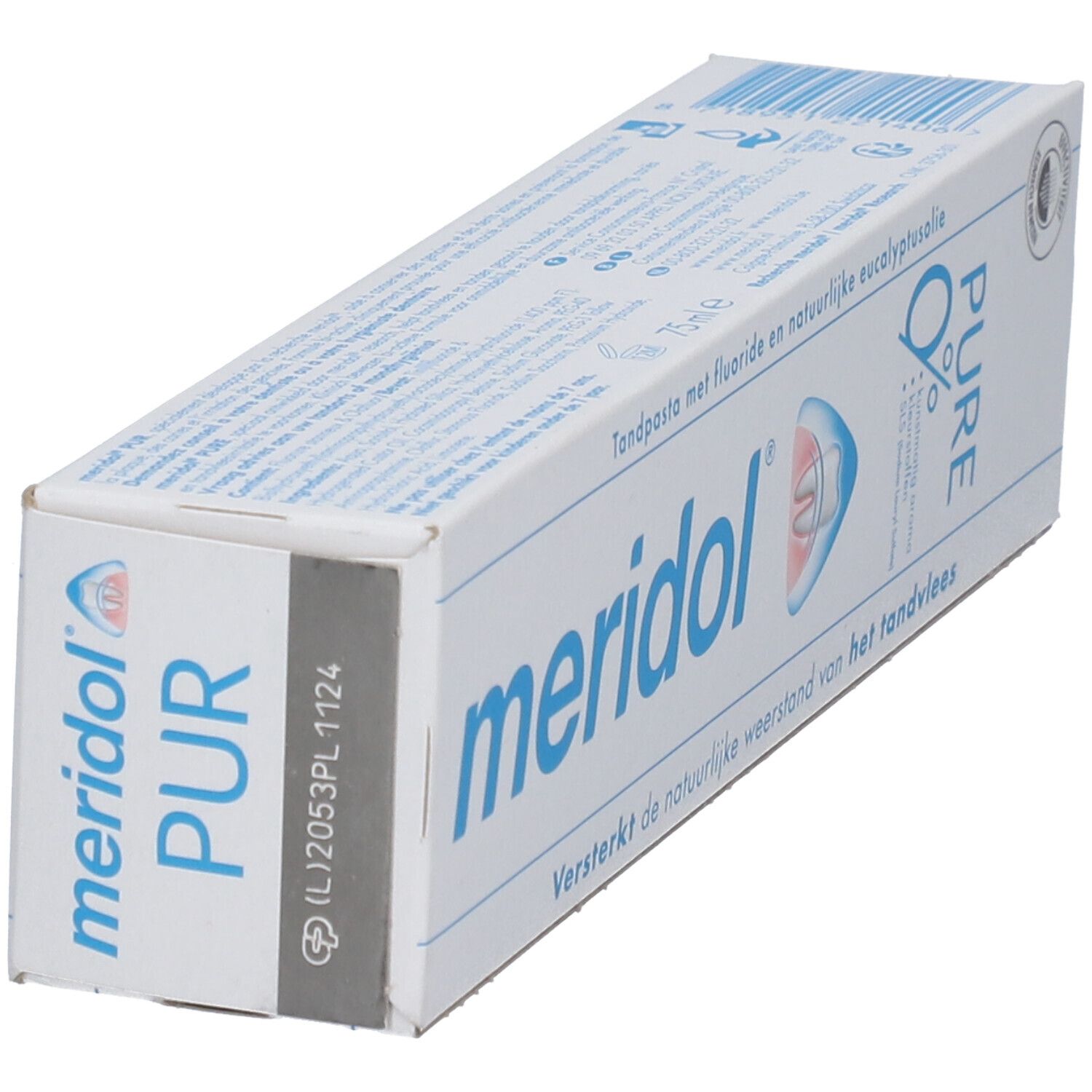 Emballage de dentifrice meridol® PUR en biais. Boîte blanche avec texte et logo bleus. Inscriptions en néerlandais.