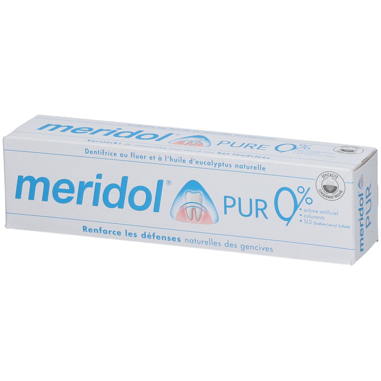 Emballage de dentifrice meridol® PUR. Boîte blanche avec texte et logo bleus. Inscriptions en français.