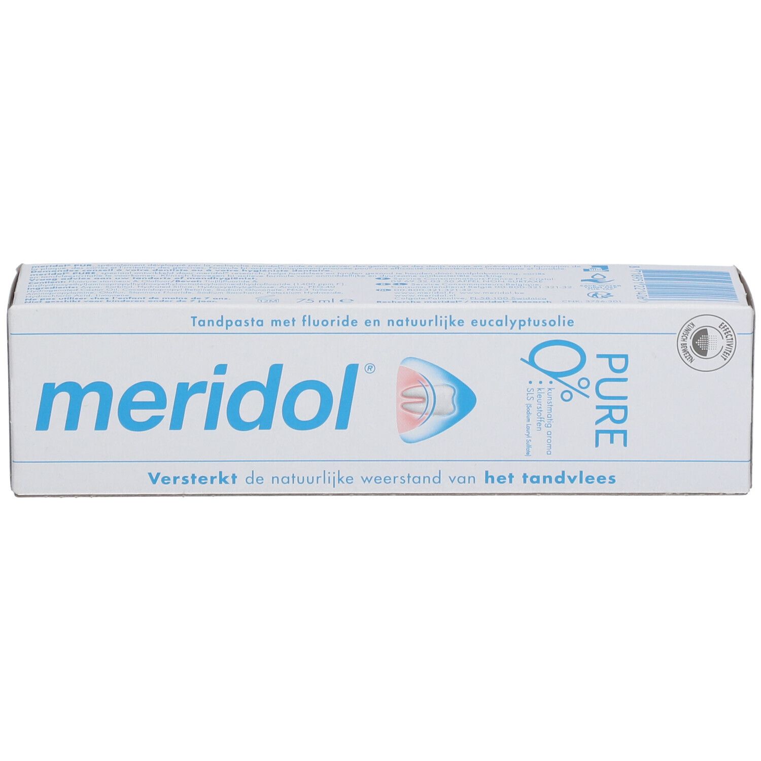 Emballage de dentifrice meridol® PUR. Boîte blanche avec texte et logo bleus. Inscriptions en néerlandais.