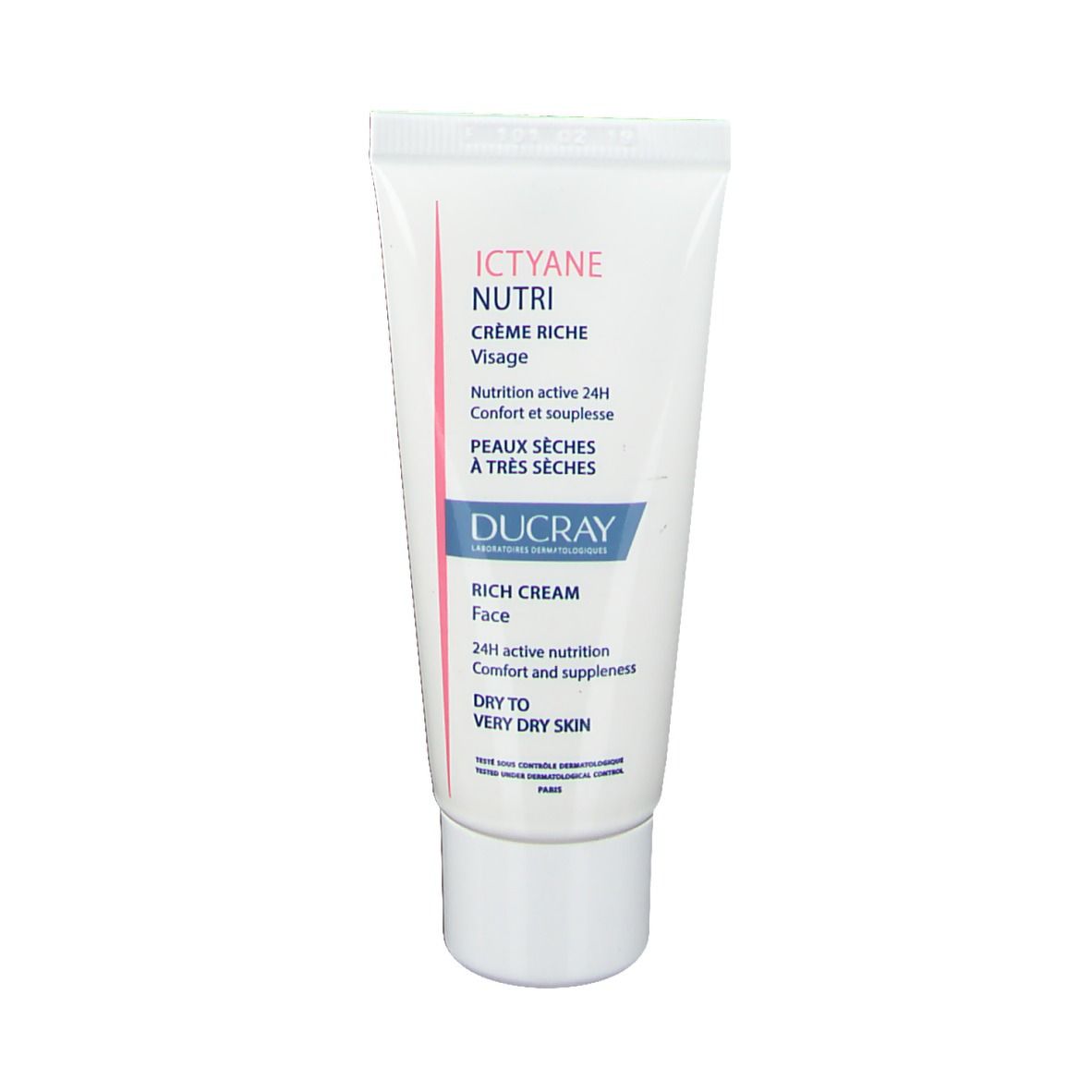 Tube blanc avec texte rose et bleu. Contient Ducray ICTYANE NUTRI Crème Riche Visage. Pour peaux sèches à très sèches.