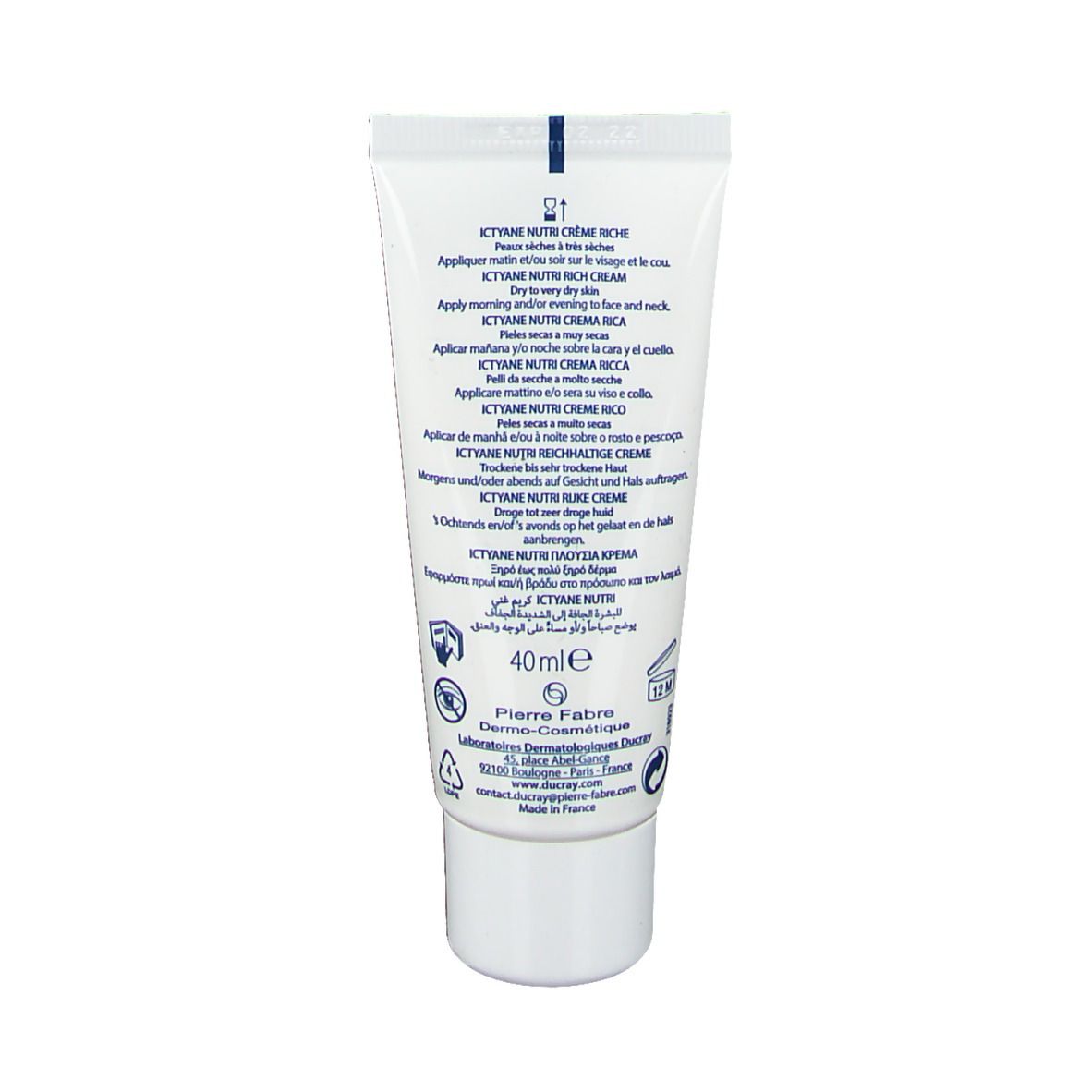 Dos du tube. Contient des informations sur Ducray ICTYANE NUTRI Crème Riche Visage en plusieurs langues. 40 ml.