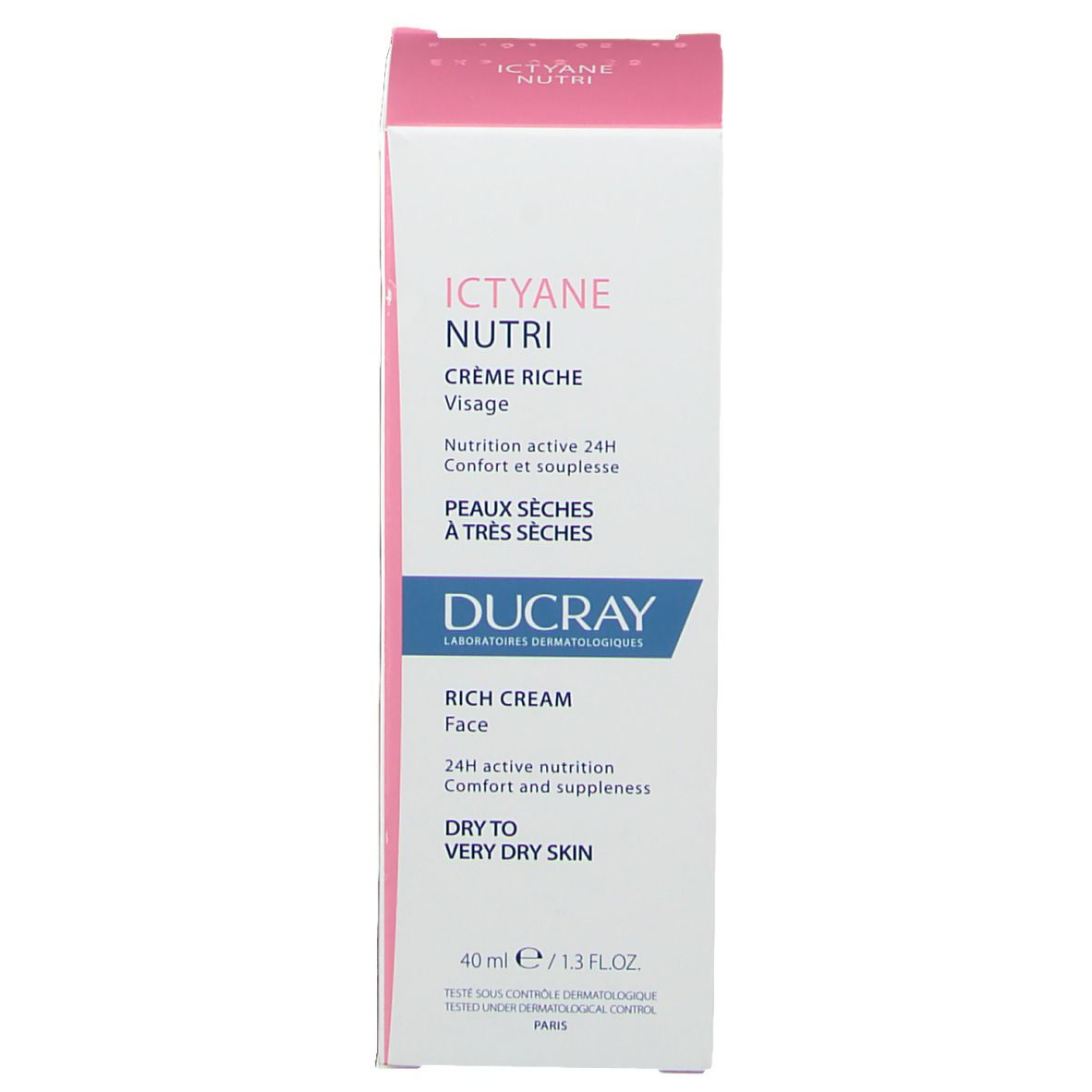 Boîte rose et blanche avec Ducray ICTYANE NUTRI Crème Riche Visage. Pour peaux sèches à très sèches. 40 ml.