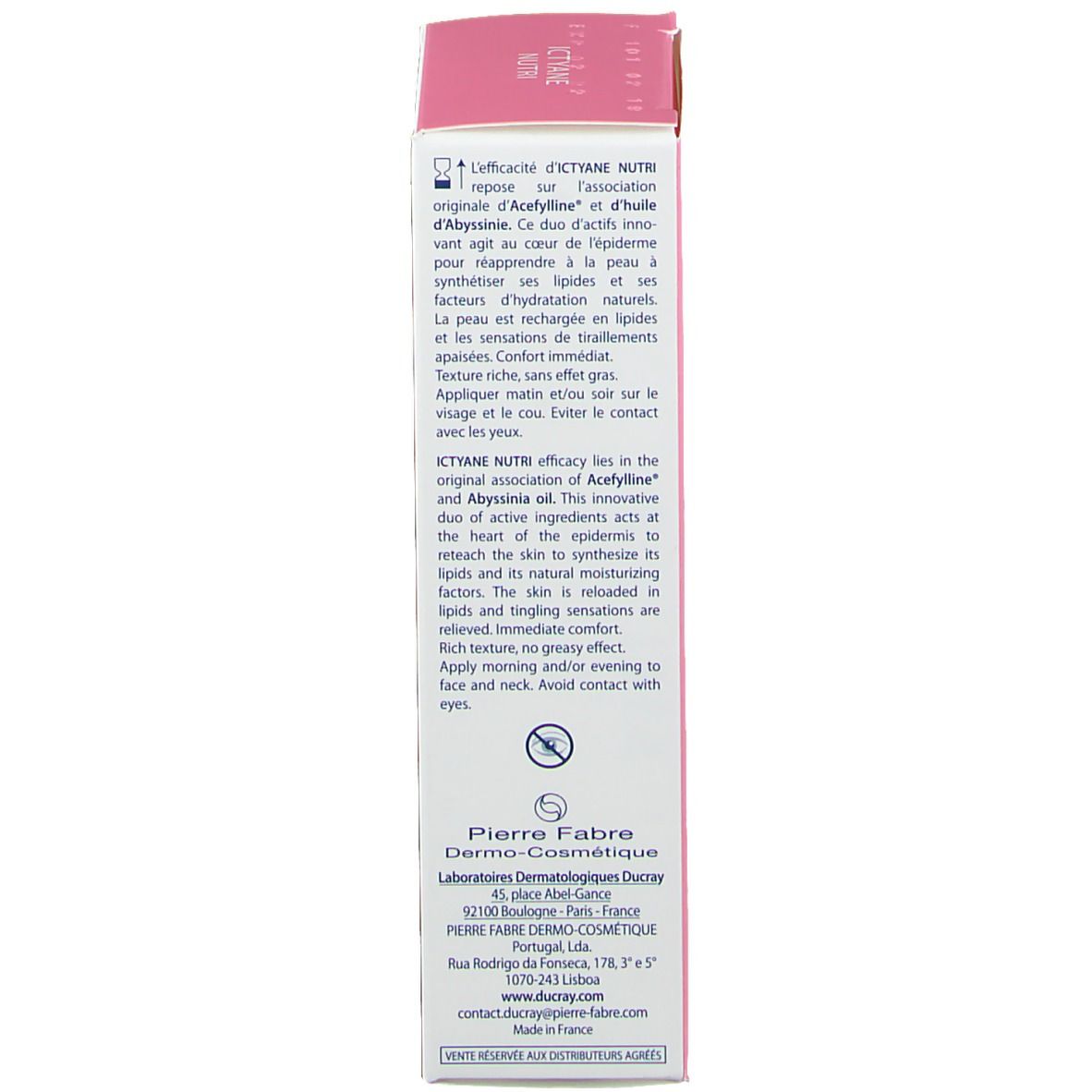 Côté de la boîte avec des informations sur Ducray ICTYANE NUTRI Crème Riche Visage. Contient des informations en plusieurs langues.