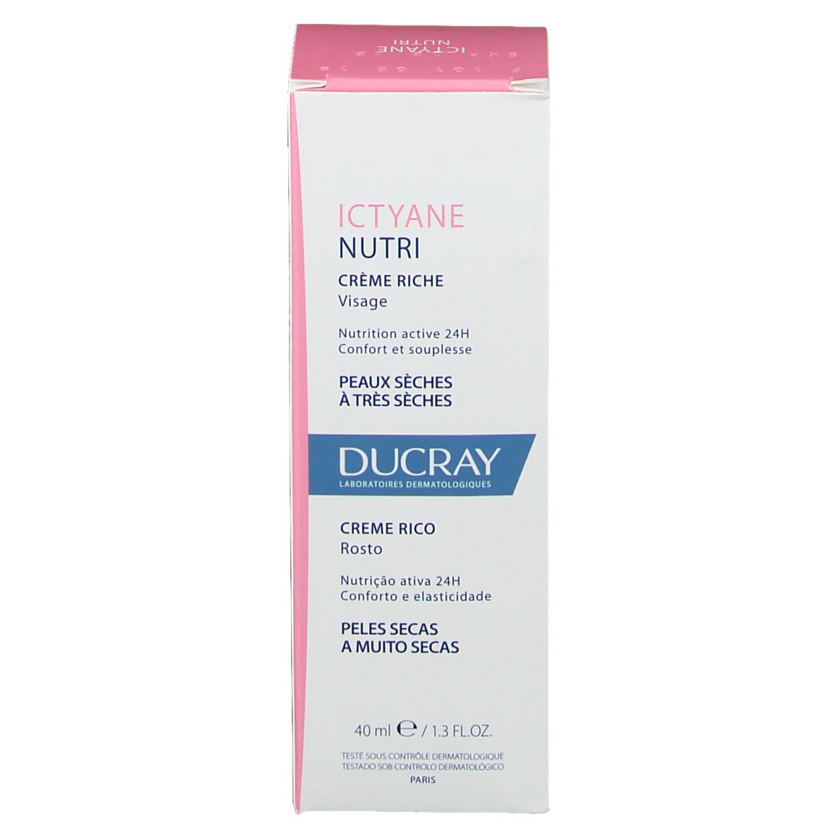 Côté de la boîte avec des informations sur Ducray ICTYANE NUTRI Crème Riche Visage. Contient des informations en plusieurs langues.