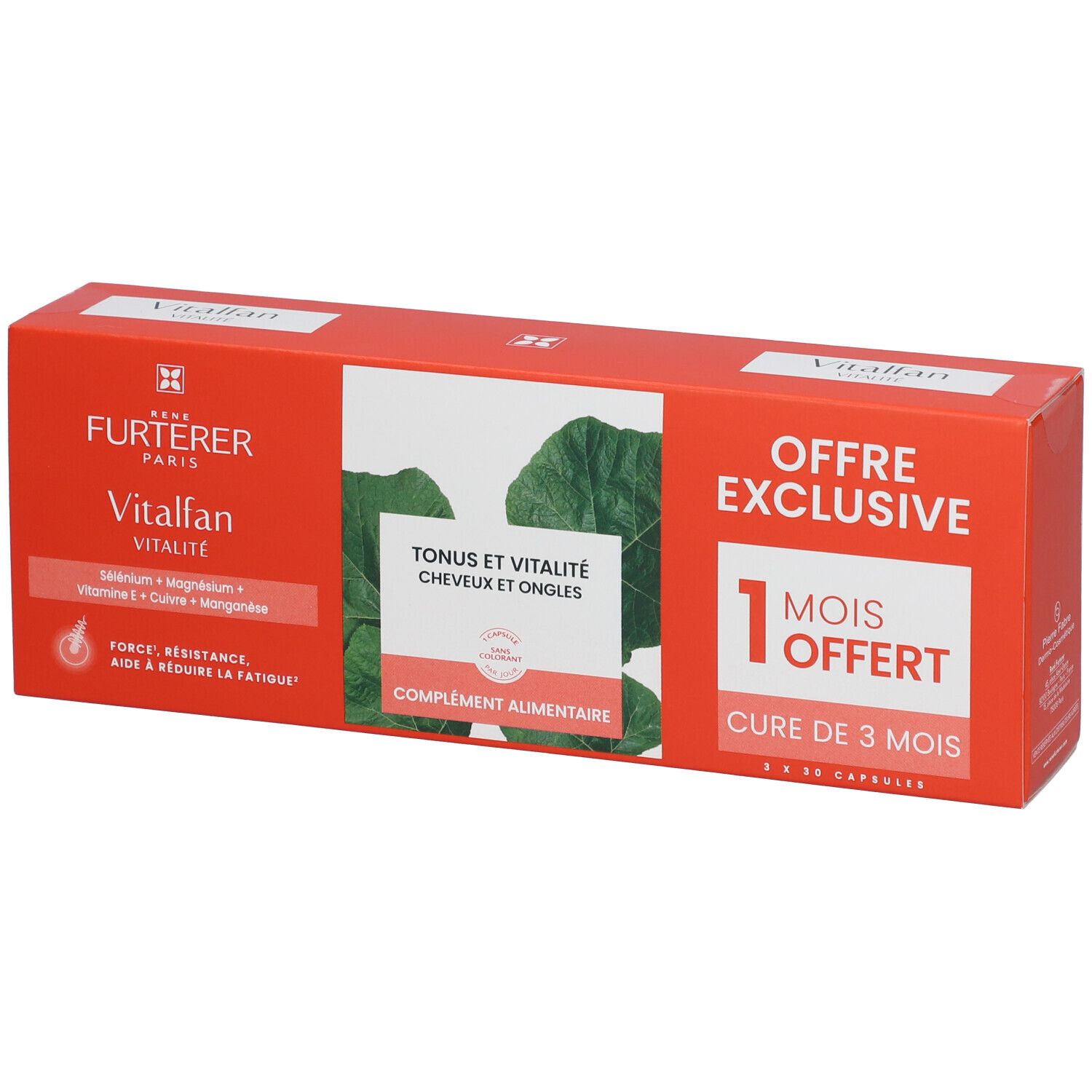 Boîte rouge avec nom du produit et texte. Contient des gélules pour cheveux et ongles. 1 mois offert.