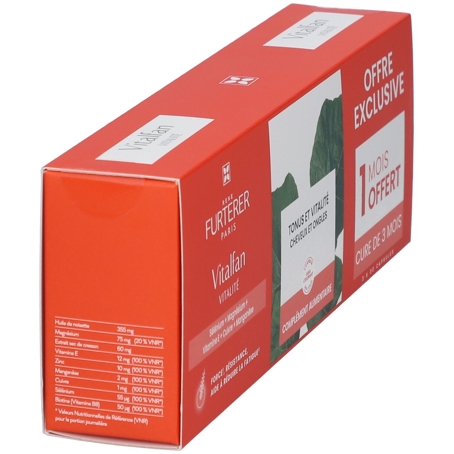 Boîte rouge avec nom du produit et texte. Contient des gélules pour cheveux et ongles. 1 mois offert.