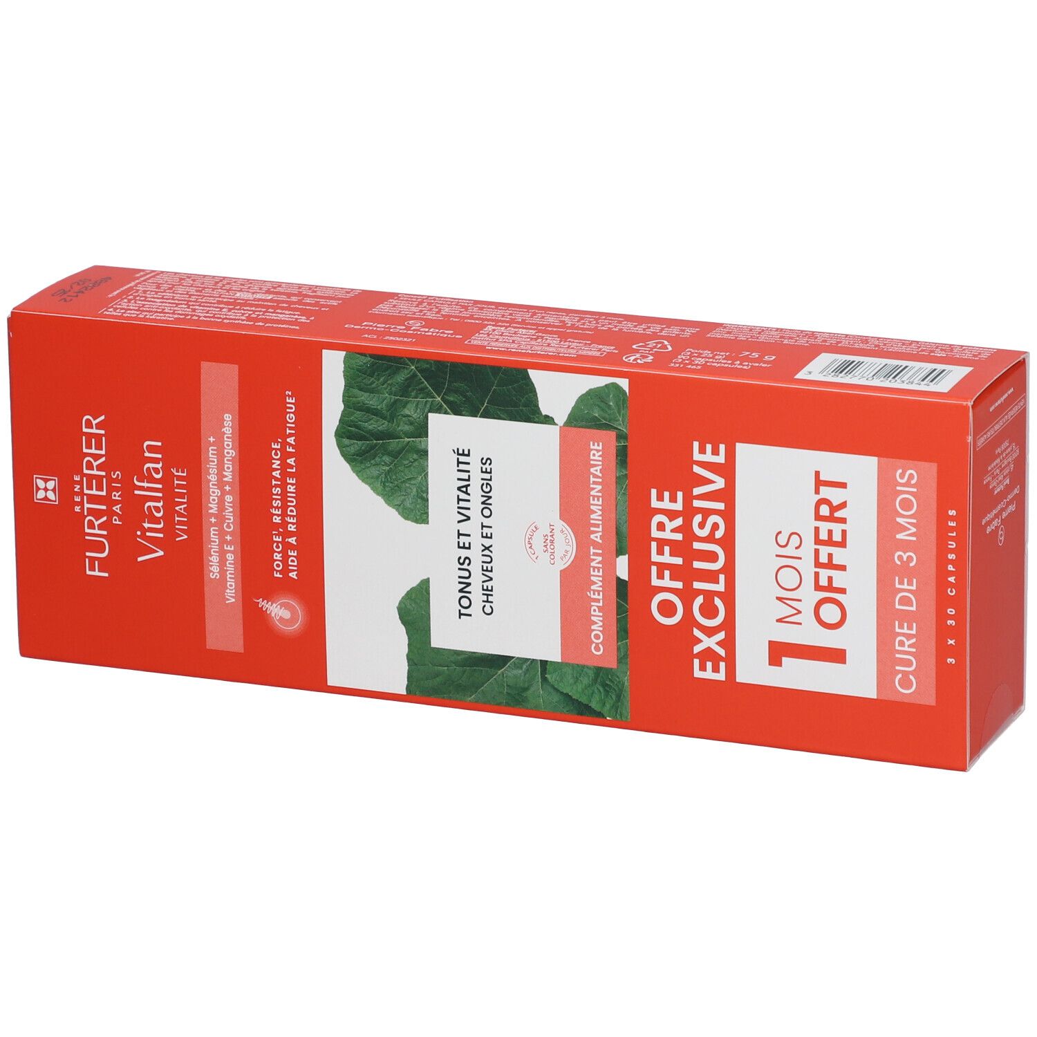 Boîte rouge avec nom du produit et texte. Contient des gélules pour cheveux et ongles. 1 mois offert.