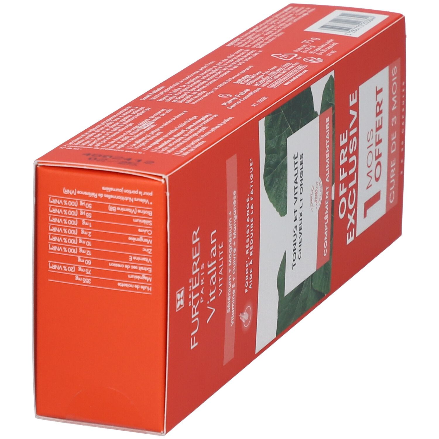 Boîte rouge avec nom du produit et texte. Contient des gélules pour cheveux et ongles. 1 mois offert.