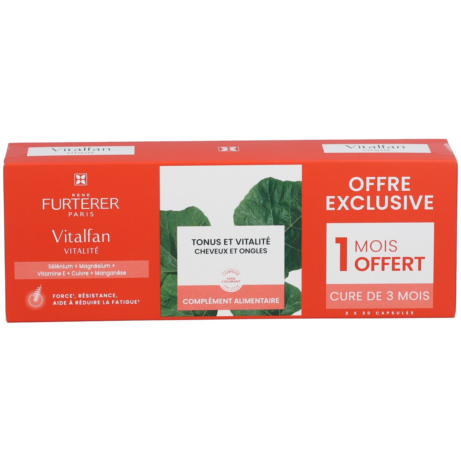 Boîte rouge avec nom du produit et texte. Contient des gélules pour cheveux et ongles. 1 mois offert.
