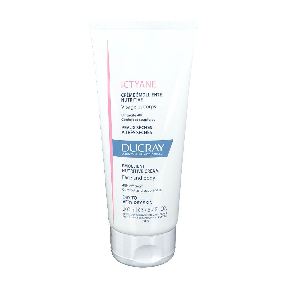 Tube blanc avec nom et logo du produit. Texte en français. Pour visage et corps. 200 ml.