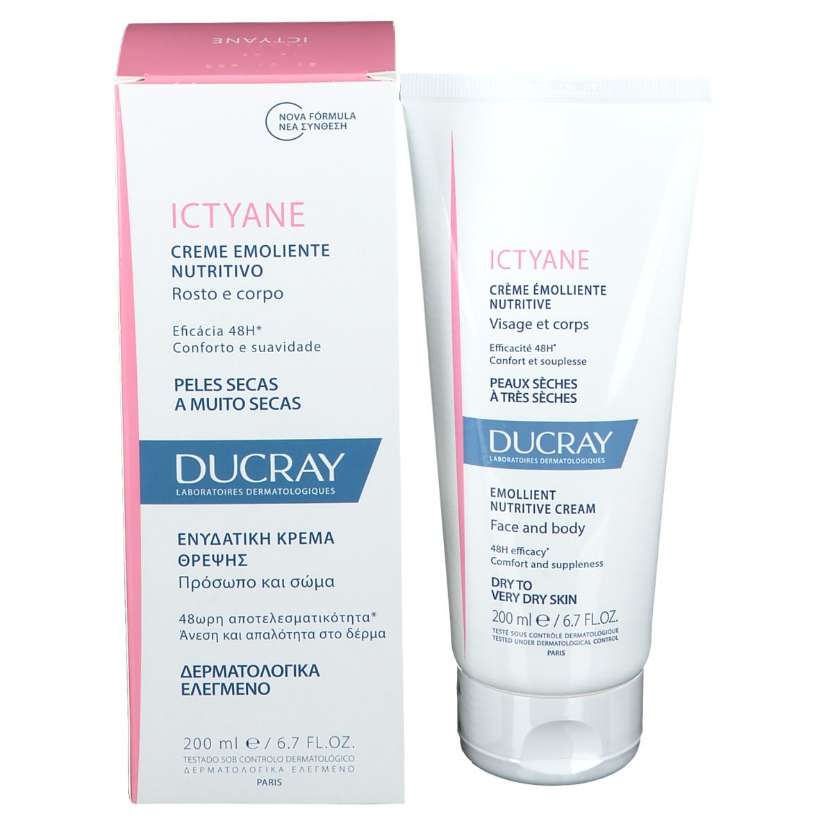 Produit et emballage. Tube blanc et boîte rose. Texte en français. Pour visage et corps. 200 ml.