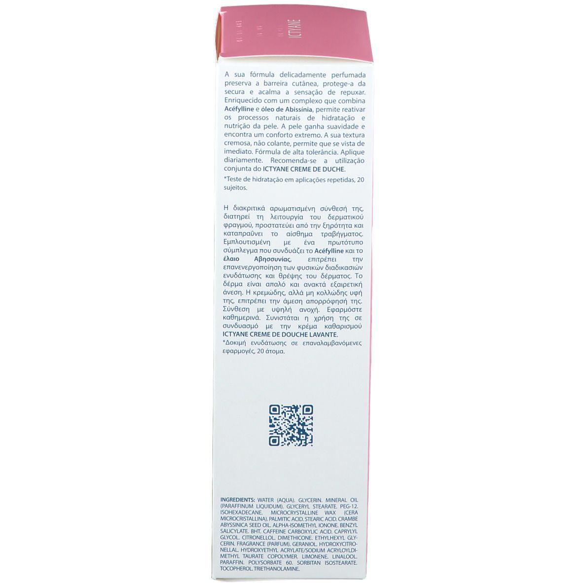 Emballage. Boîte rose avec nom et logo du produit. Texte en français. Pour visage et corps. 200 ml.
