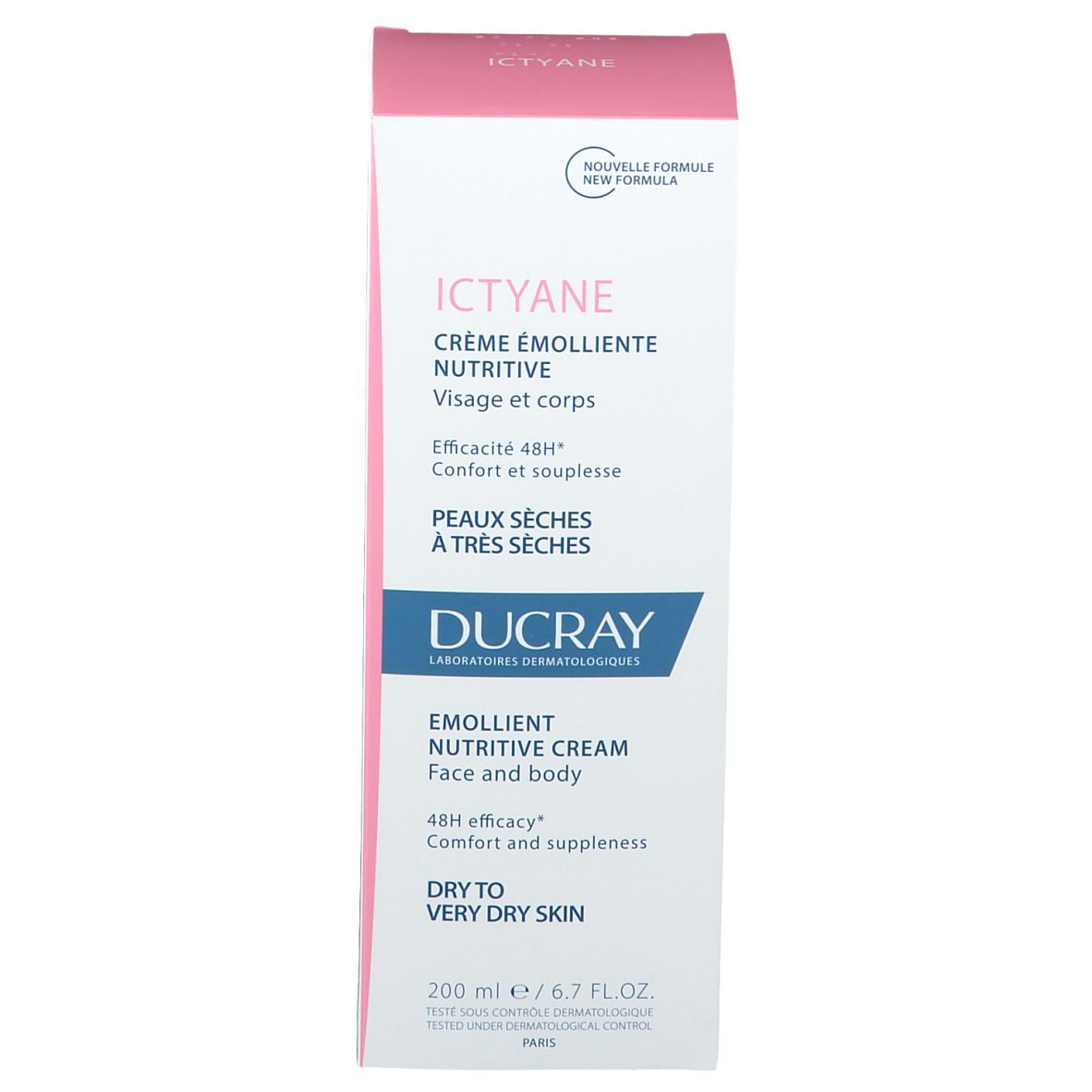 Emballage. Boîte rose avec nom et logo du produit. Texte en français. Pour visage et corps. 200 ml.