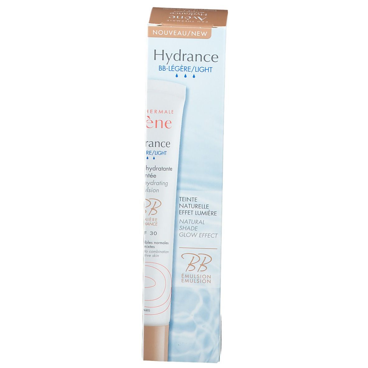 Emballage et tube du produit. Boîte: Eau Thermale Avène, Hydrance BB Légère/Light, Emulsion hydratante teintée, BB Lumière Radiance, SPF 30. Nouveau.