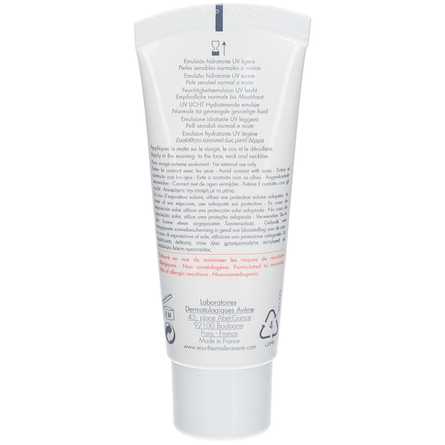 Dos du tube blanc Avene Hydrance. Texte multilingue. Informations d'utilisation et ingrédients.