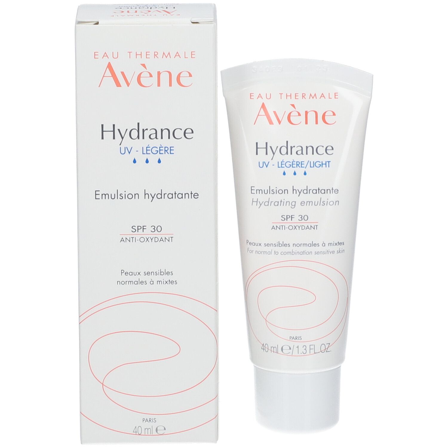 Tube et emballage carton Avene Hydrance Emulsion. Texte: SPF 30, Anti-oxydant. Pour peaux normales à mixtes.