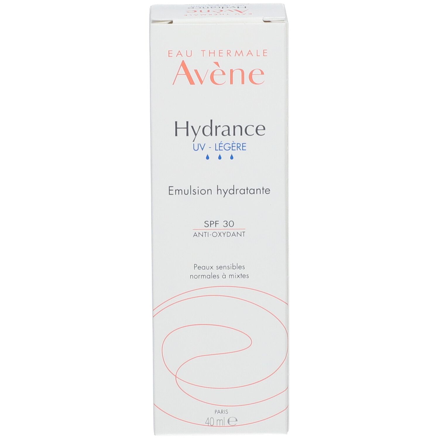 Emballage carton Avene Hydrance Emulsion. Texte: SPF 30, Anti-oxydant. Pour peaux normales à mixtes.