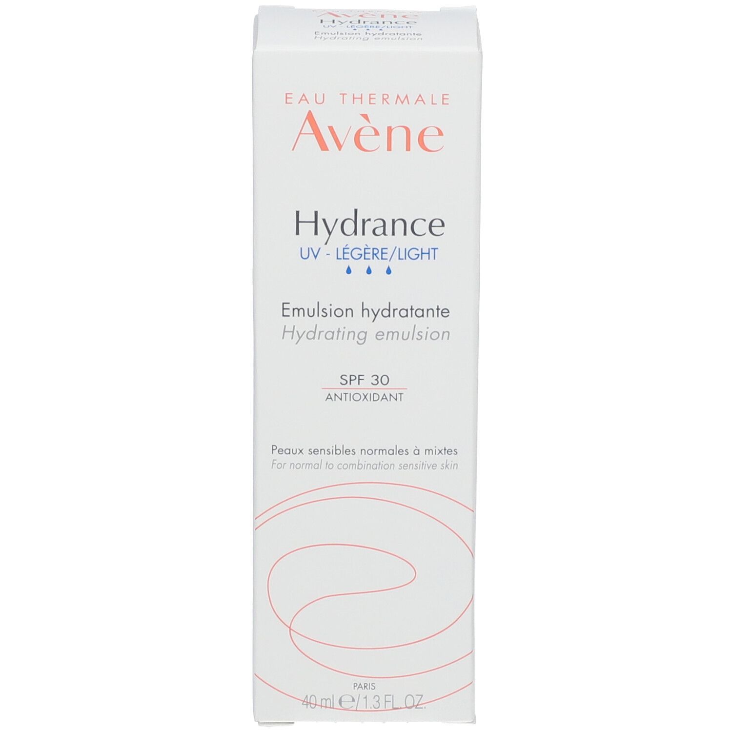 Emballage carton Avene Hydrance Emulsion. Texte: SPF 30, Anti-oxydant. Pour peaux normales à mixtes.