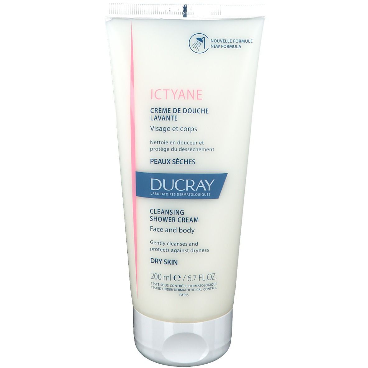 Tube blanc avec accents roses et bleus. Texte : Ictyane, Crème de douche lavante, Visage et corps, Peaux sèches, Ducray. 200 ml.