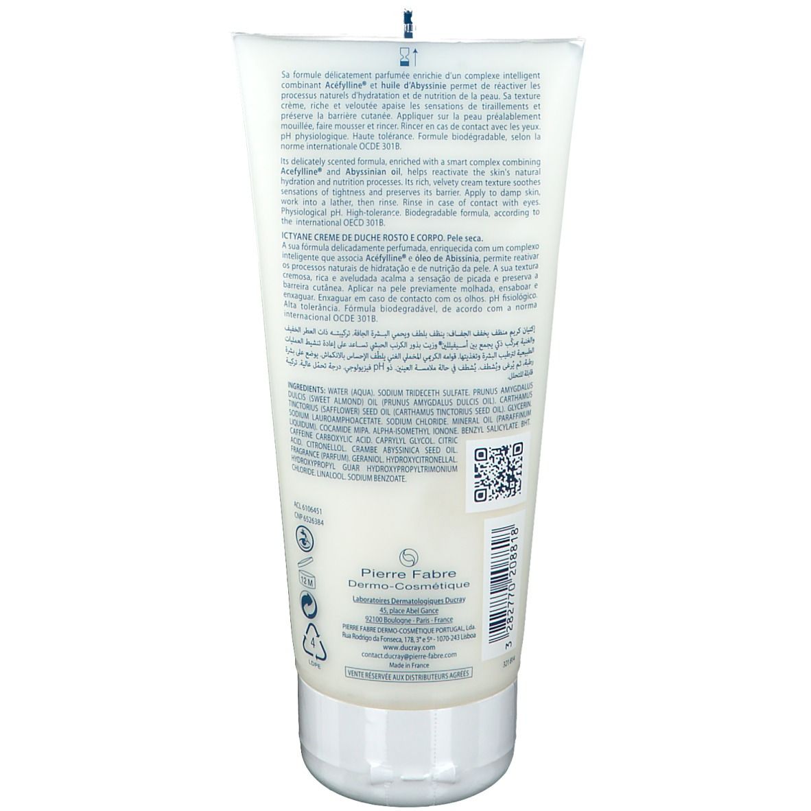 Dos d'un tube blanc. Texte : ingrédients, informations fabricant, code QR, pictogrammes de recyclage.