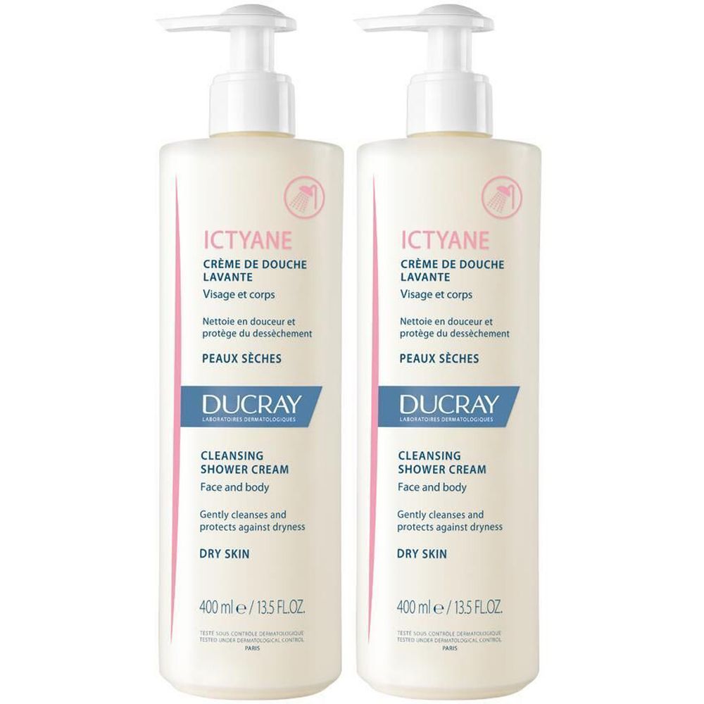Deux flacons de crème de douche lavante Ictyane DUCRAY avec pompe. Texte: Crème de douche lavante, Peaux sèches, DUCRAY, 400 ml.