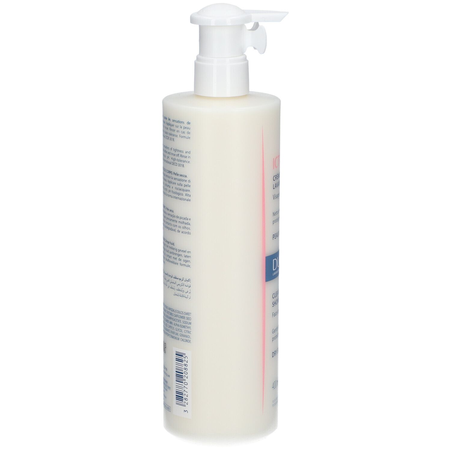 Côté du flacon de crème de douche lavante Ictyane DUCRAY. Texte: Crème de douche lavante, DUCRAY.