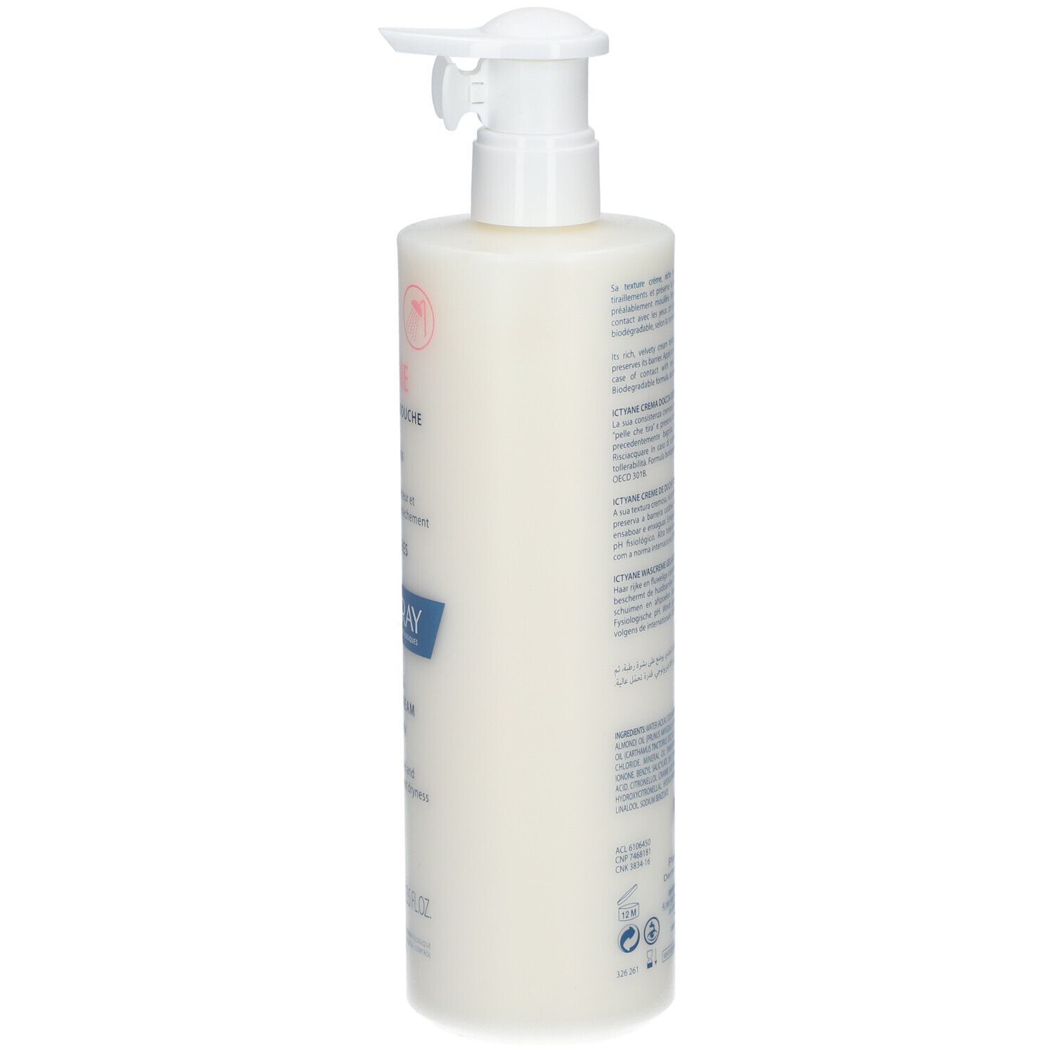 Côté du flacon de crème de douche lavante Ictyane DUCRAY. Texte multilingue.