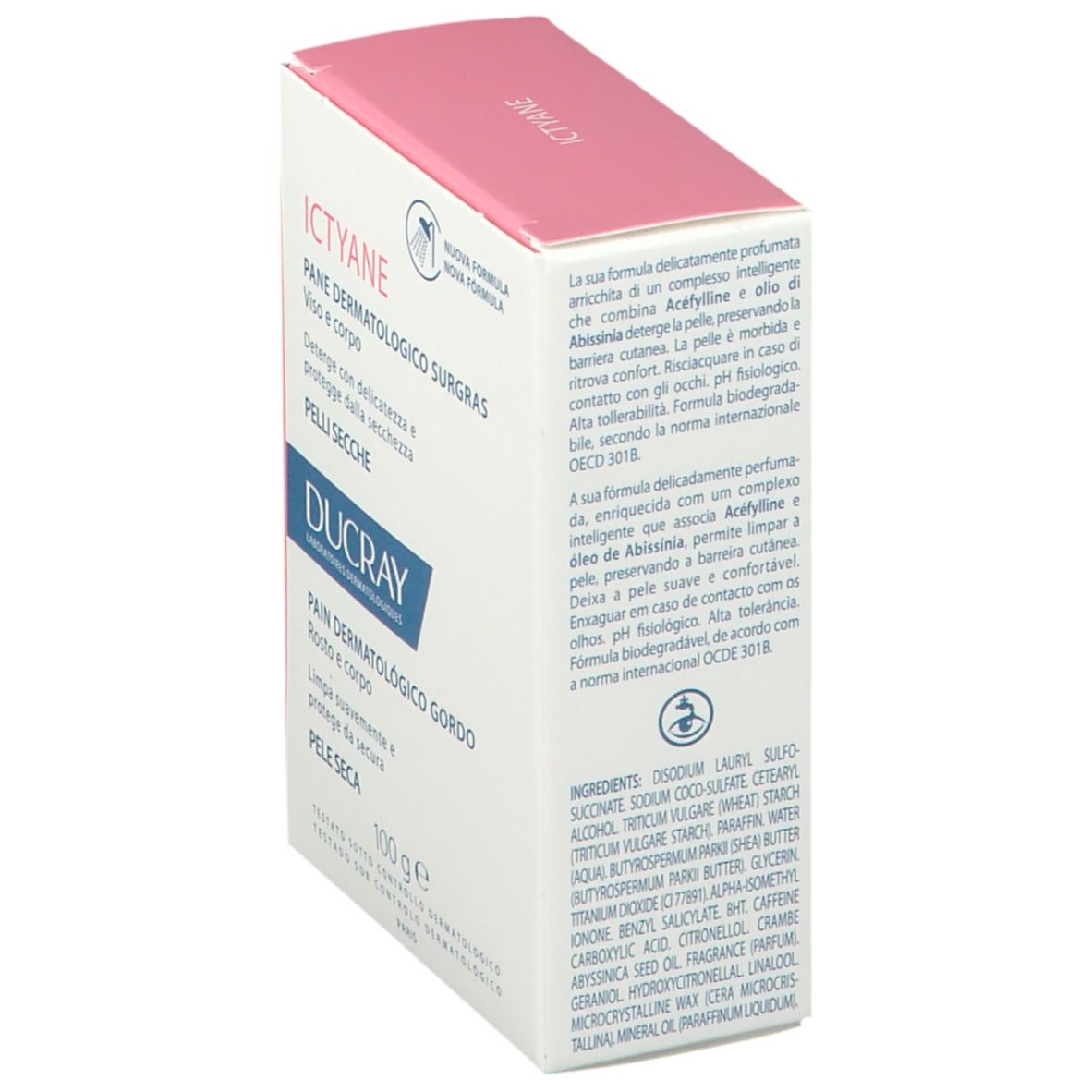 Emballage DUCRAY Ictyane. Boîte rose et blanche avec nom, description et 100g.