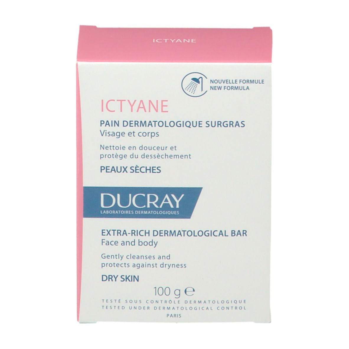 Emballage DUCRAY Ictyane. Boîte rose et blanche avec nom, description et 100g.