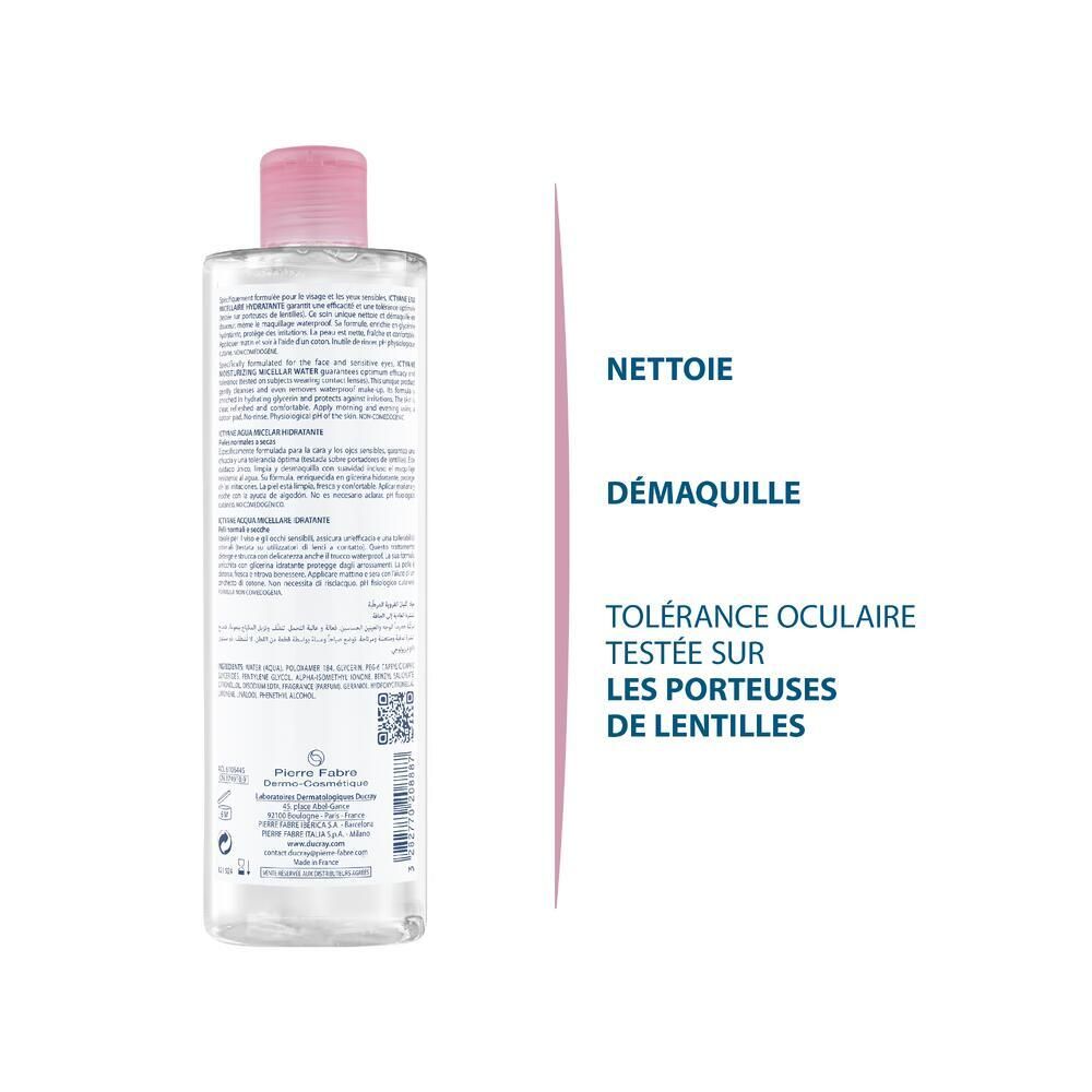 Dos du flacon. Étiquette avec texte, code QR et informations du fabricant. Bande rose avec texte: Nettoie, Démaquille.