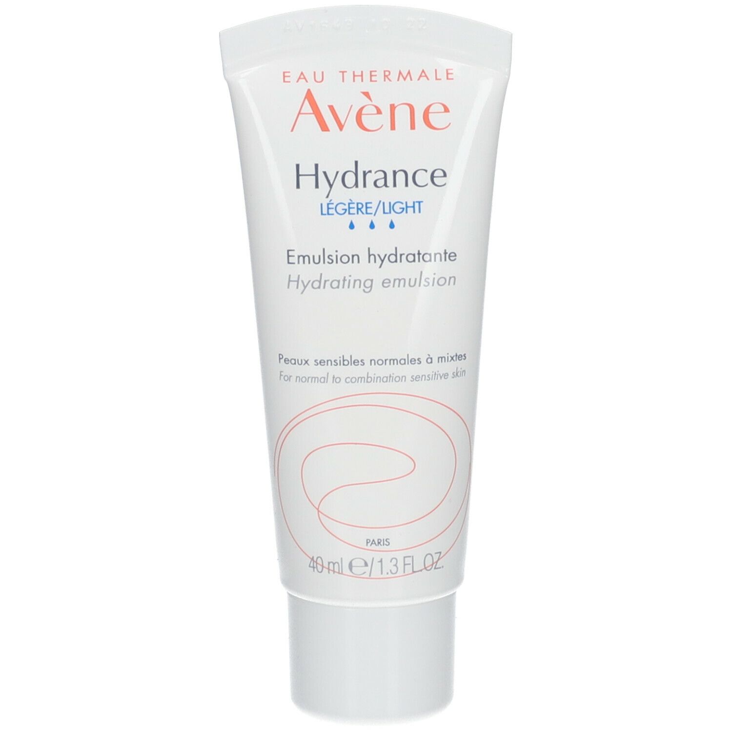 Tube blanc Avene Hydrance Légère/Light. Texte et logo orange et bleu. Emulsion hydratante. Fond blanc.