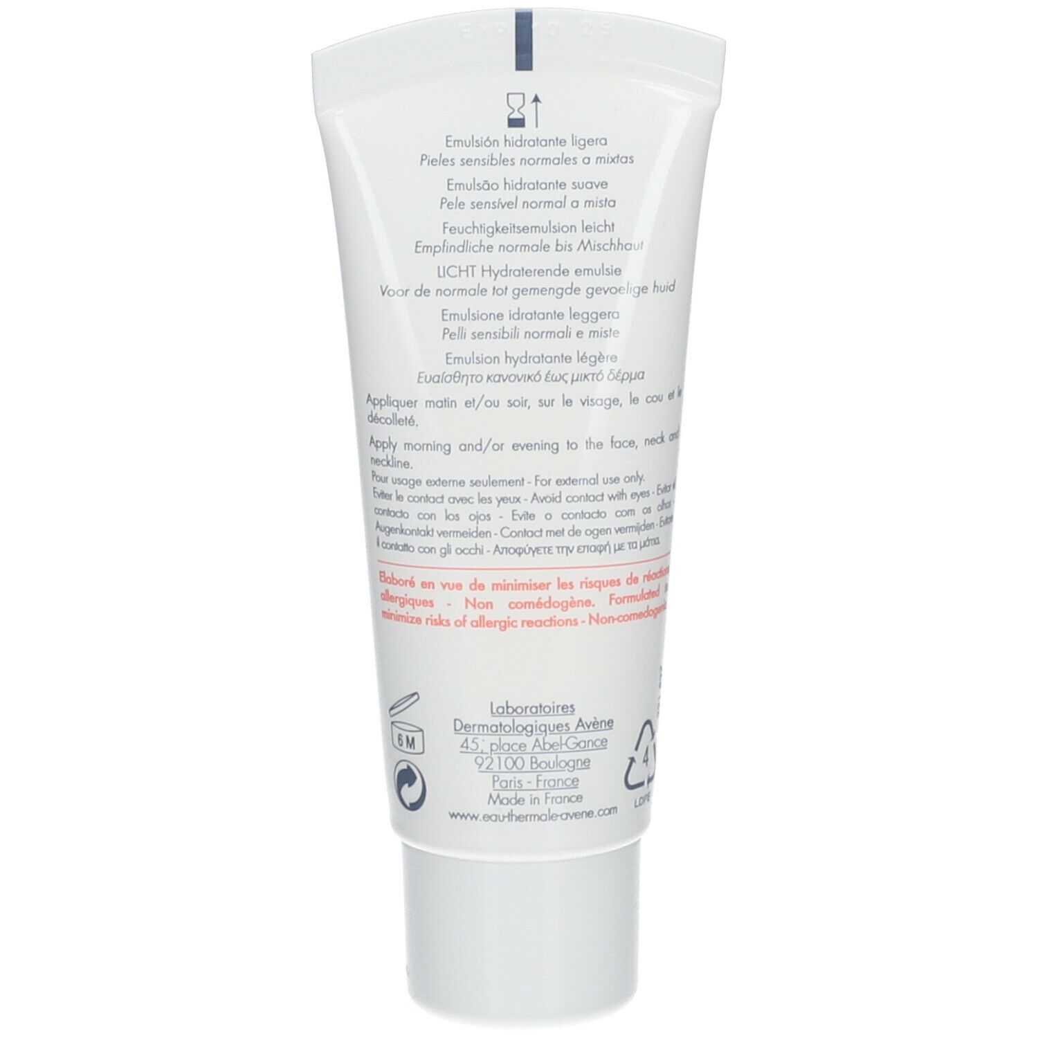 Dos du tube blanc avec texte. Nom du produit, instructions et ingrédients. Fond blanc.