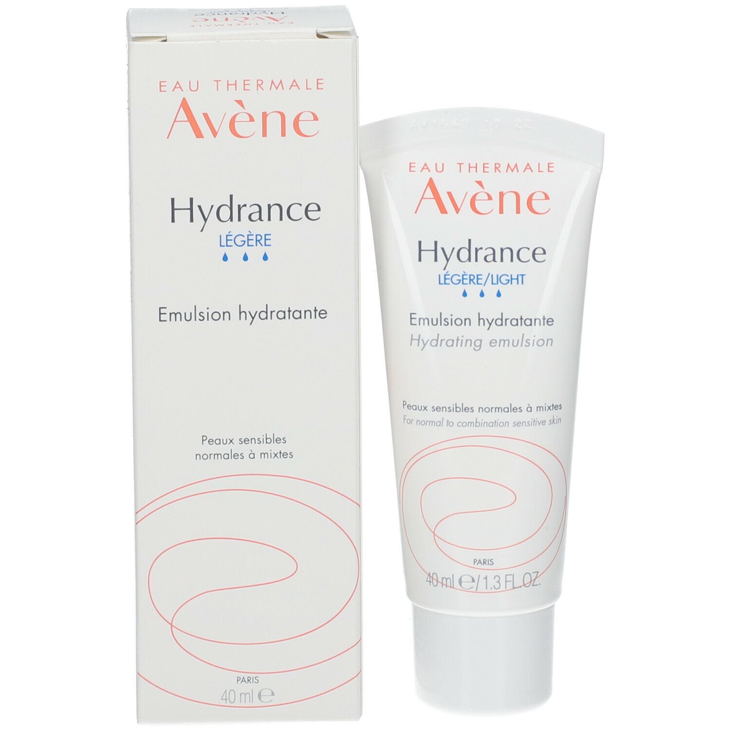 Emballage du produit: tube et boîte. Avene Hydrance Légère/Light. Texte et logo orange et bleu.