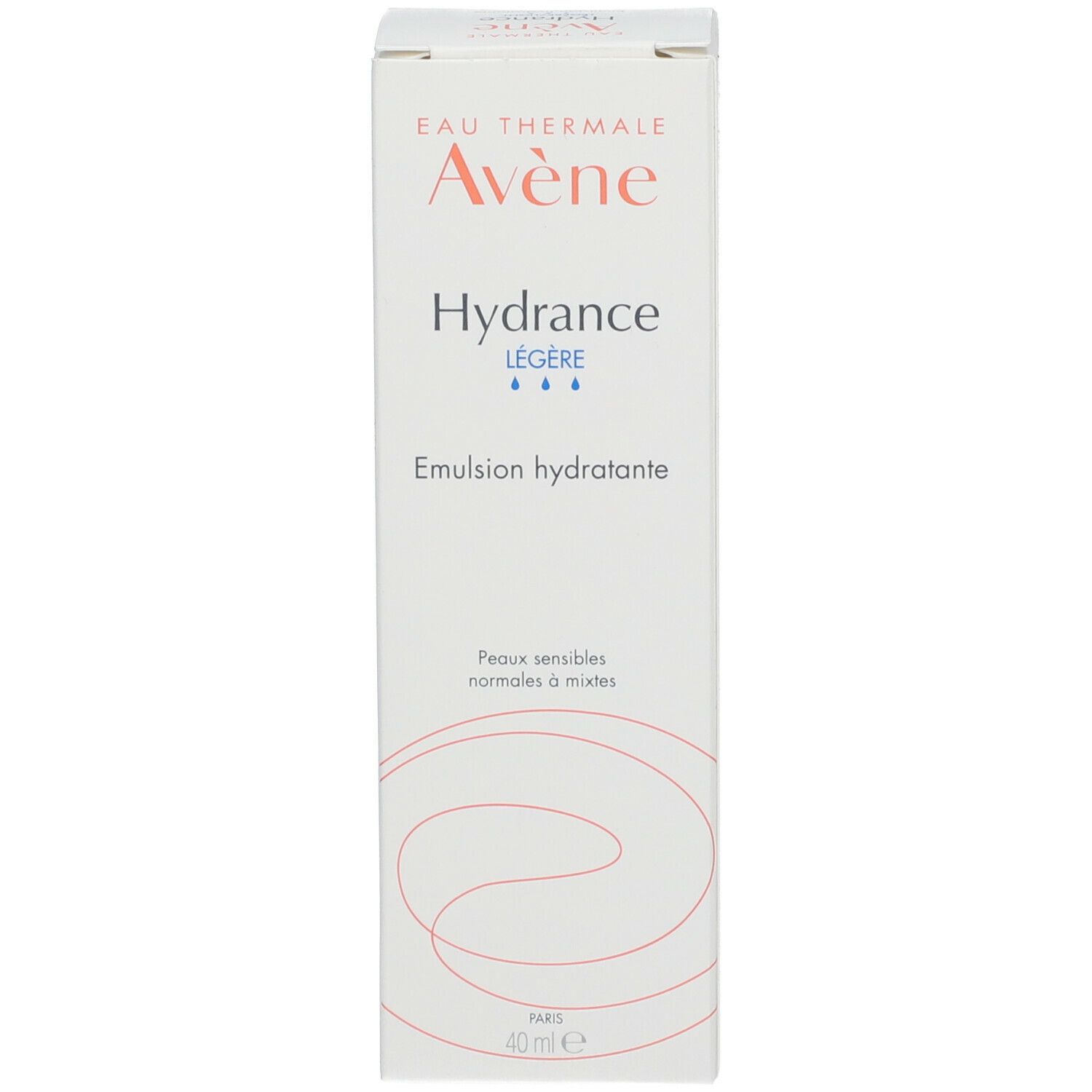 Boîte blanche Avene Hydrance Légère/Light. Texte et logo orange et bleu. Emulsion hydratante. Fond blanc.