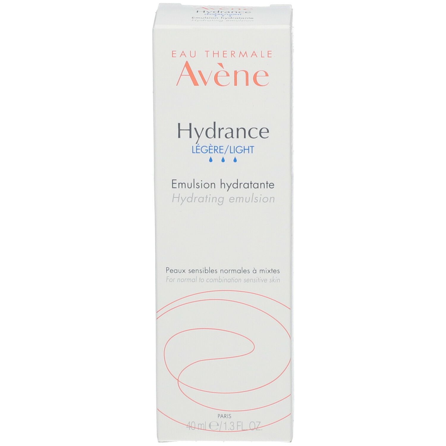 Boîte blanche Avene Hydrance Légère/Light. Texte et logo orange et bleu. Emulsion hydratante. Fond blanc.