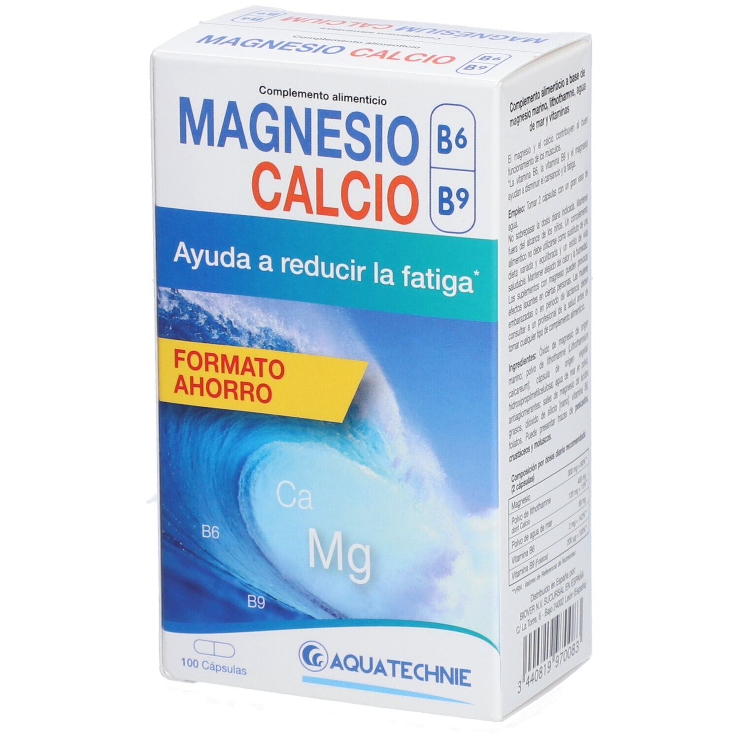 Boîte de complément alimentaire MAGNÉSIO CALCIO B6 B9. Contient 100 gélules. Marque AQUATECHNIE. Format Ahorro.