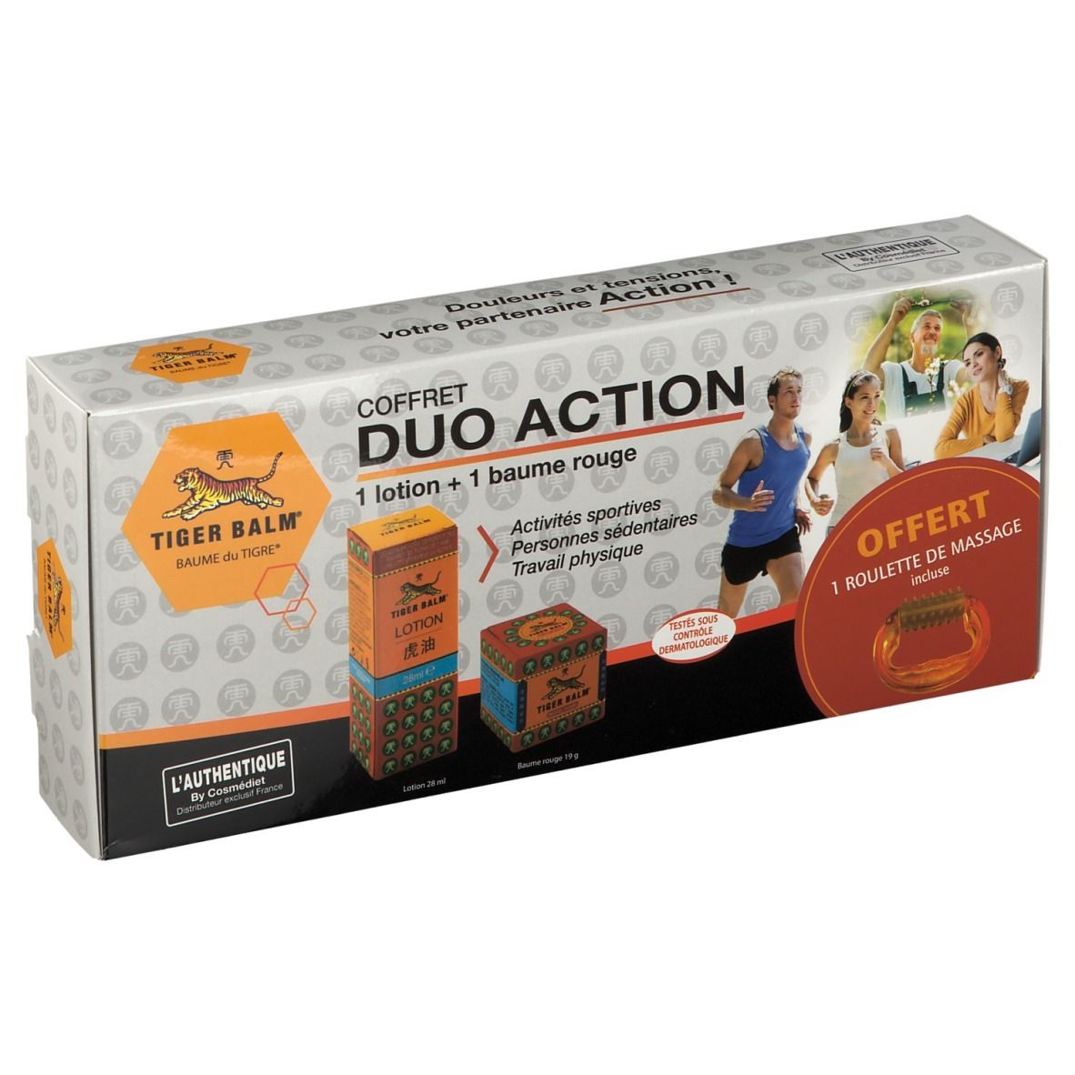 Coffret Tiger Balm Duo Action : Lotion et baume rouge en boîte cadeau avec des sportifs.