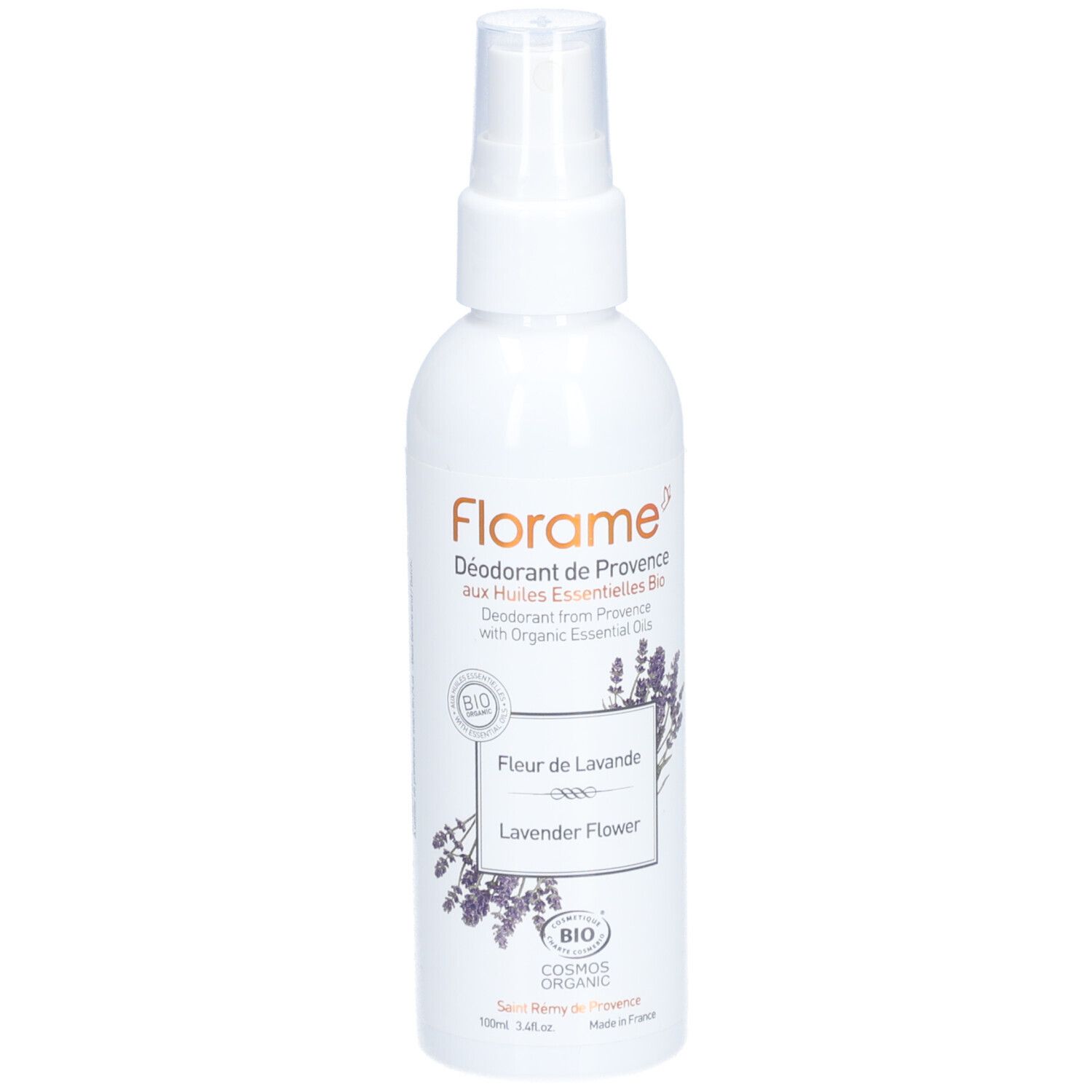 Flacon spray blanc avec étiquette. Inscription: Florame Déodorant de Provence Fleur de Lavande. Certification bio.