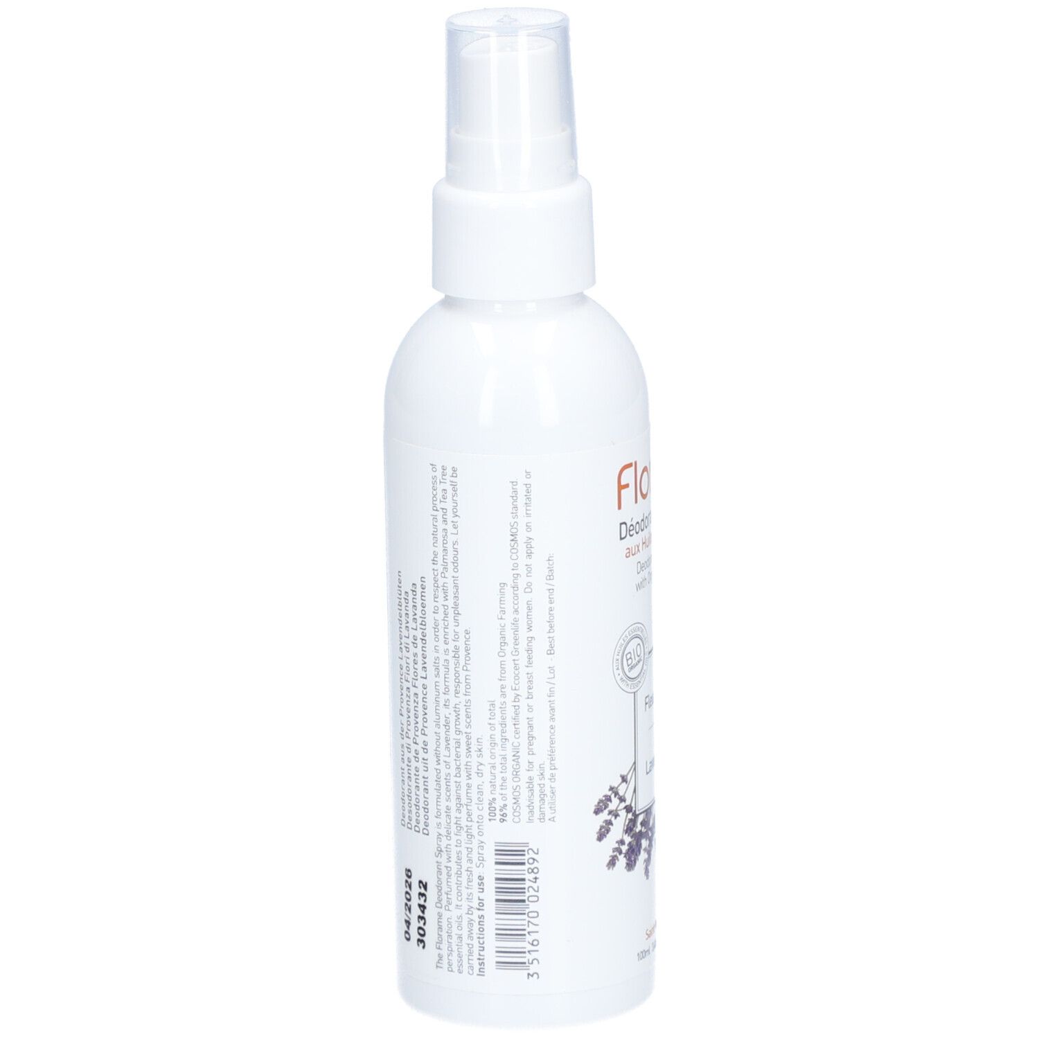 Flacon spray blanc. Dos avec texte. Imprimé: date de péremption 04/2026 et numéro de lot.