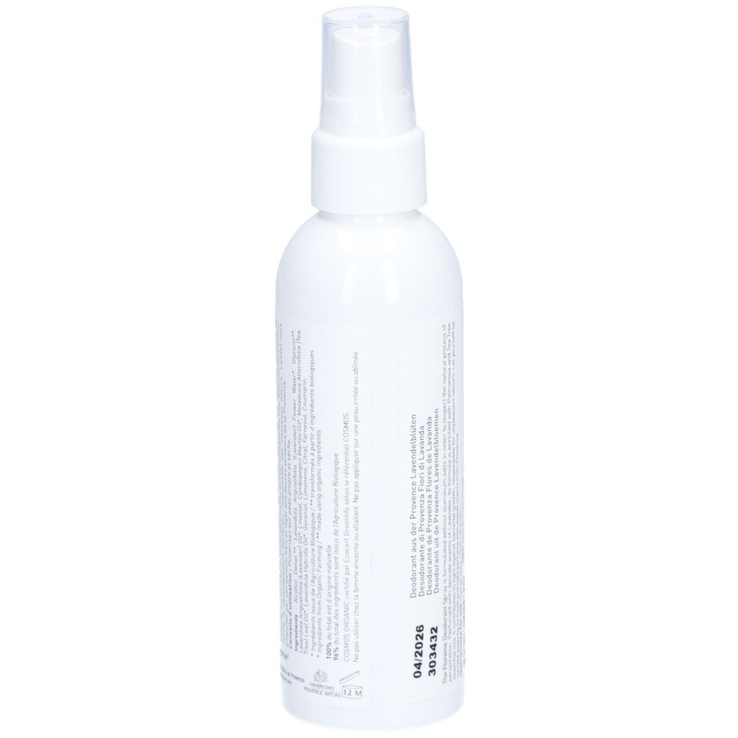 Flacon spray blanc. Dos avec texte. Imprimé: date de péremption 04/2026 et numéro de lot.