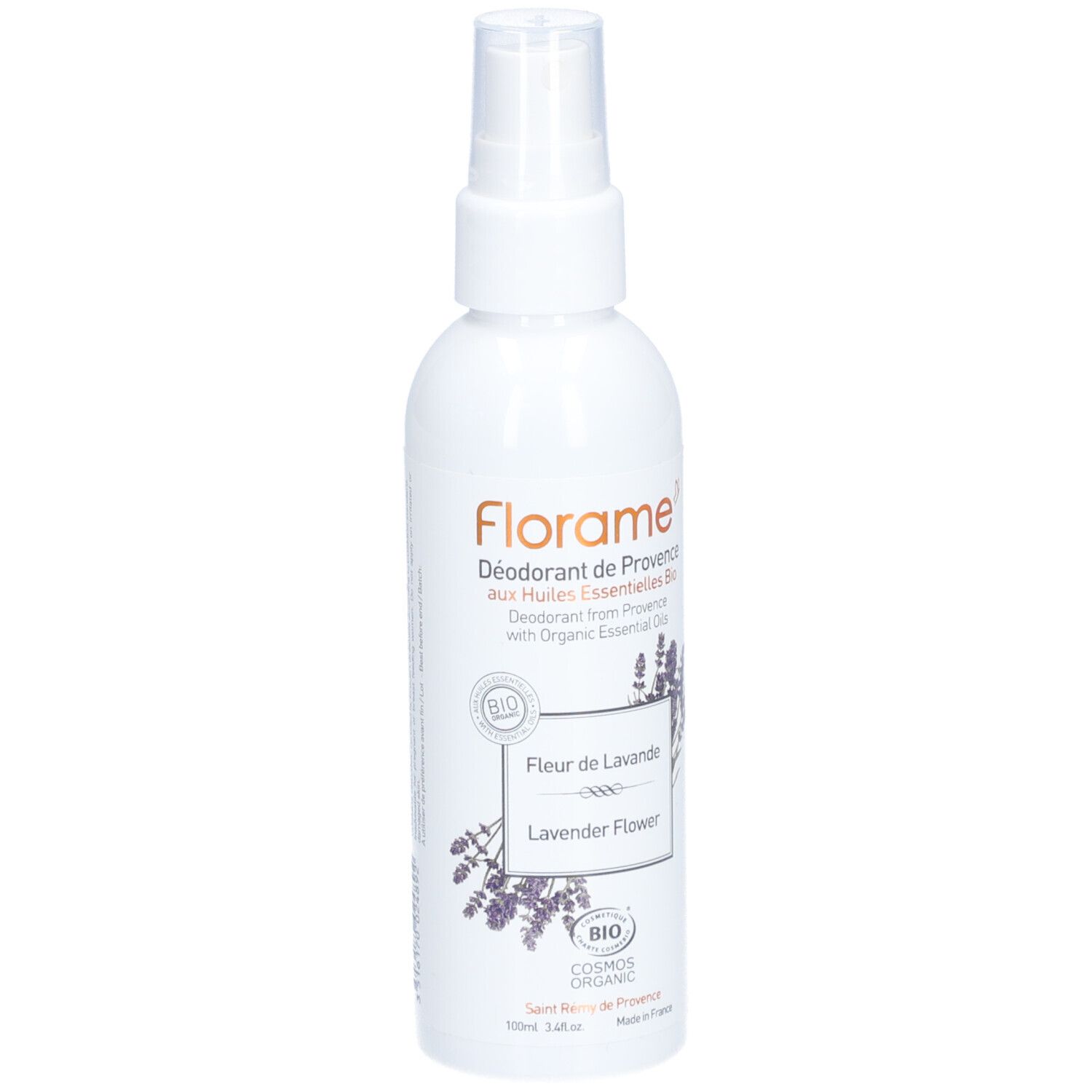 Flacon spray blanc avec étiquette. Inscription: Florame Déodorant de Provence Fleur de Lavande. Certification bio.