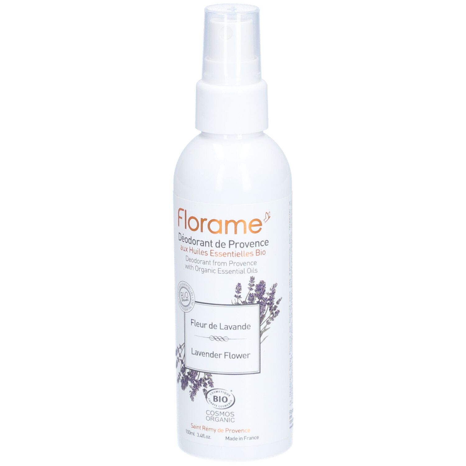 Flacon spray blanc avec étiquette. Inscription: Florame Déodorant de Provence Fleur de Lavande. Certification bio.