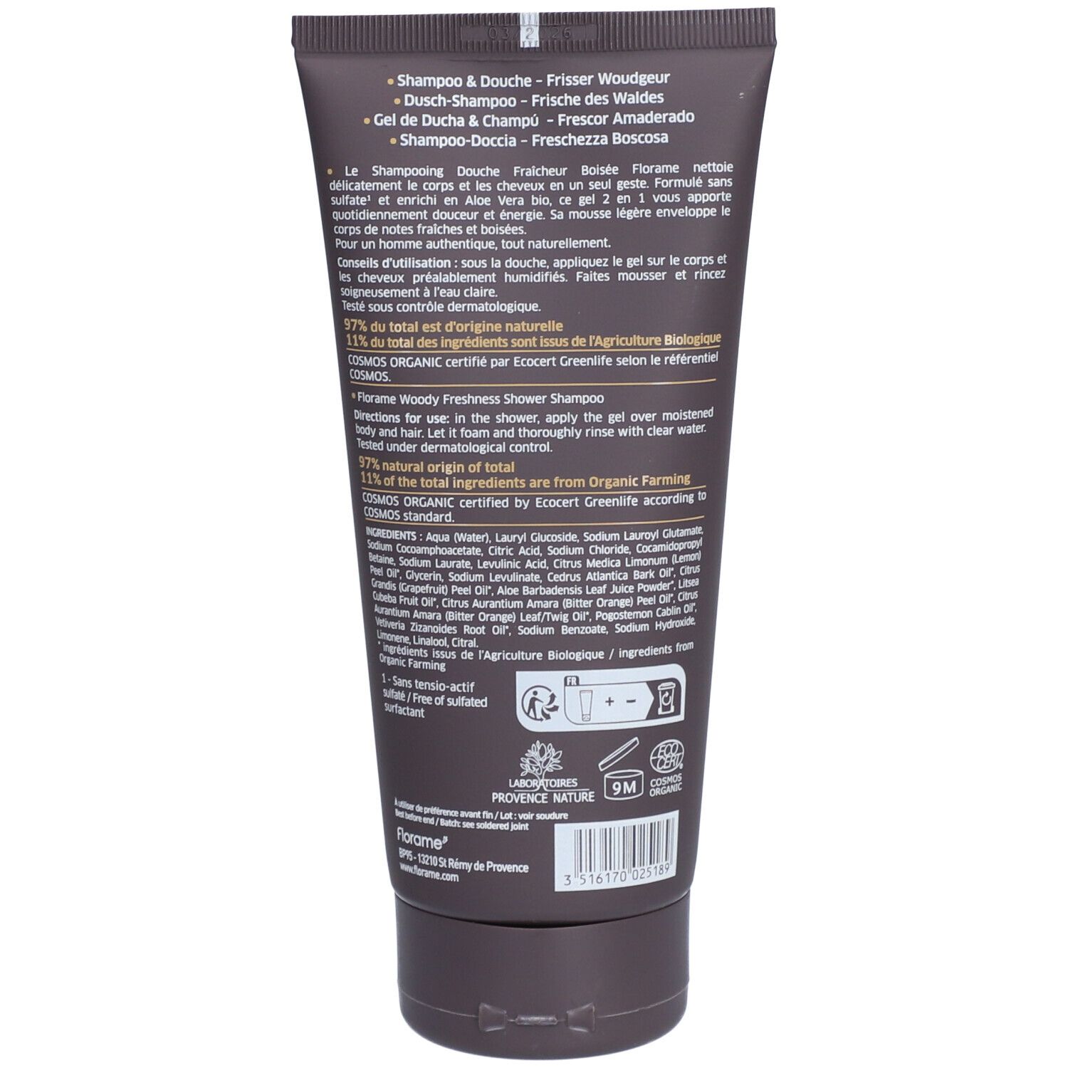 Florame Shampooing douche homme BIO Fraîcheur Boisée