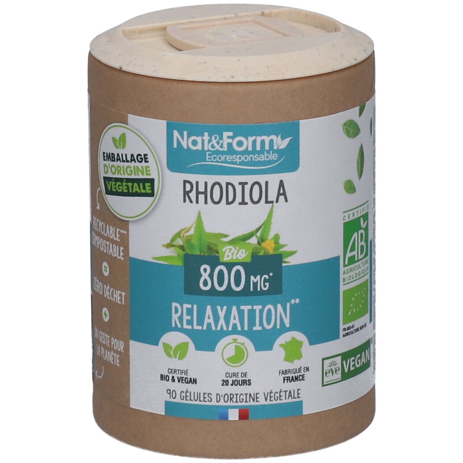 Boîte cylindrique avec Rhodiola Bio, 800 mg, Relaxation. Certifications : Bio, Vegan. Couvercle et étiquette.