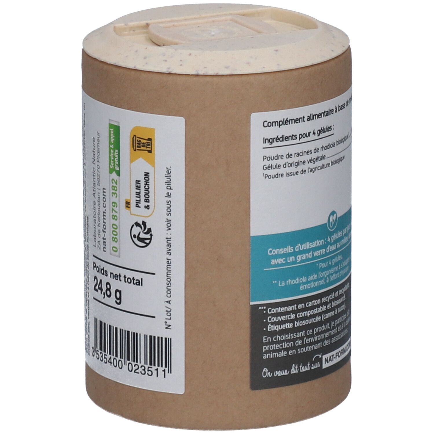 Dos de la boîte cylindrique. Contient des informations sur les ingrédients et l'utilisation. Poids net total : 24,8 g.