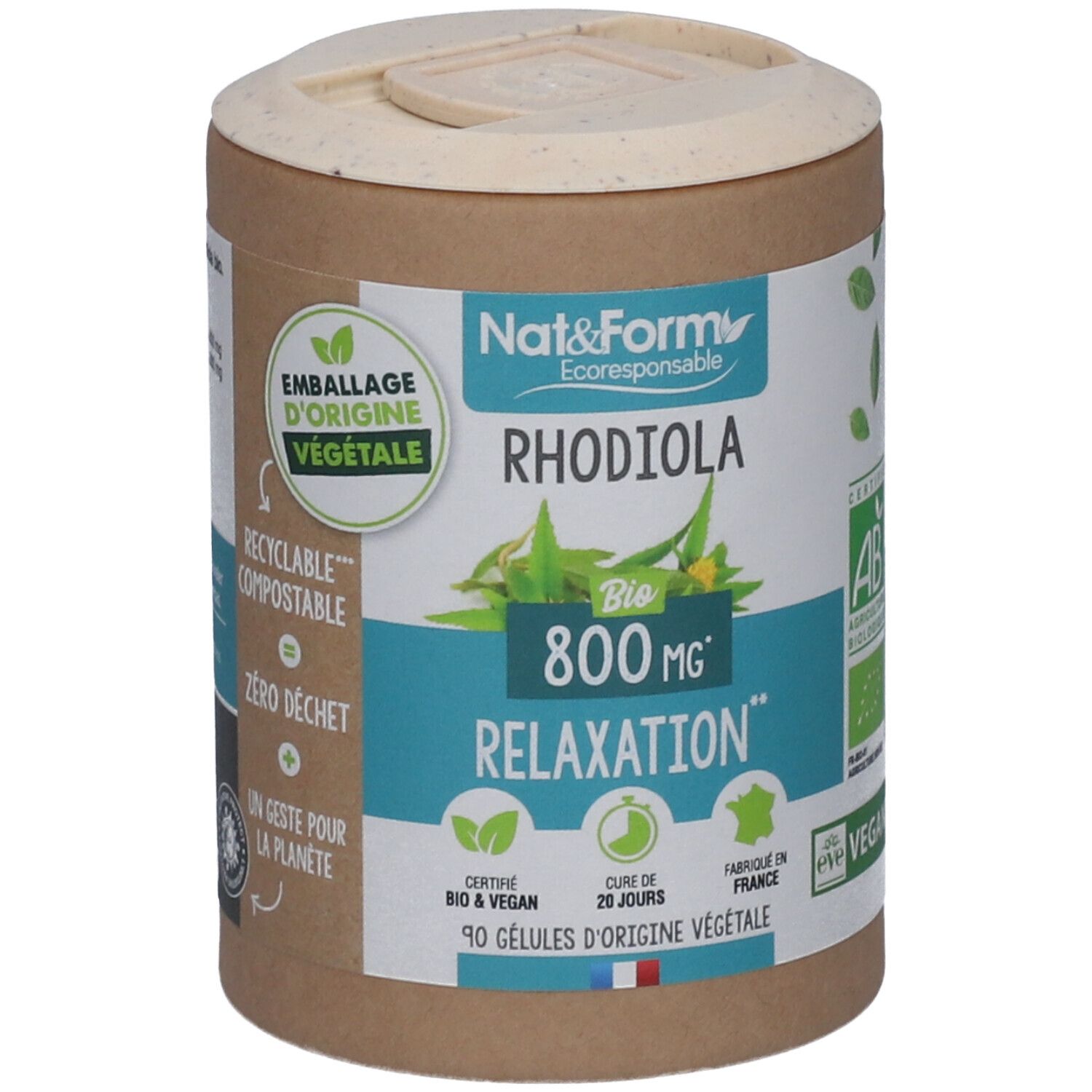 Boîte cylindrique avec Rhodiola Bio, 800 mg, Relaxation. Certifications : Bio, Vegan. Couvercle et étiquette.