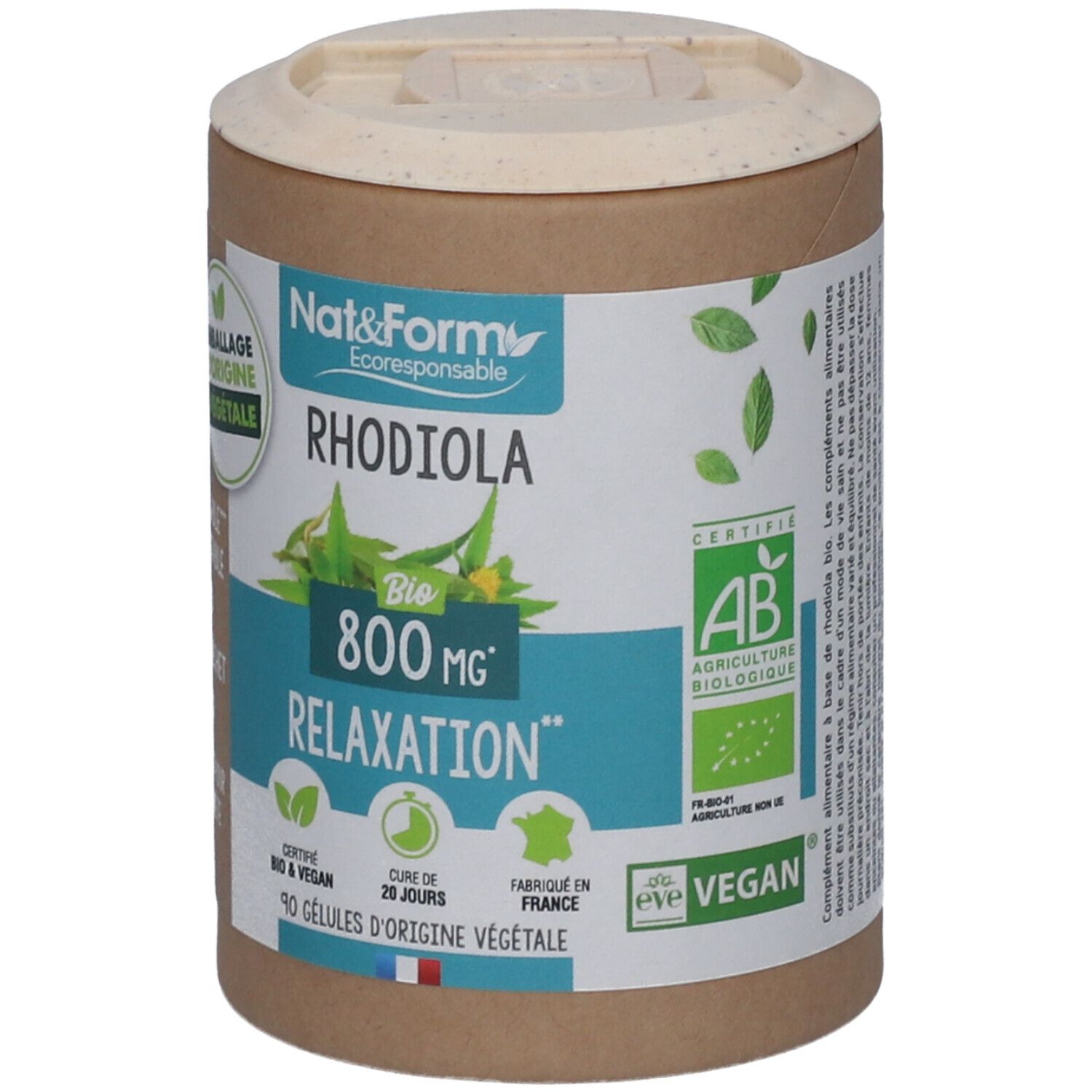 Boîte cylindrique avec Rhodiola Bio, 800 mg, Relaxation. Certifications : Bio, Vegan. Couvercle et étiquette.