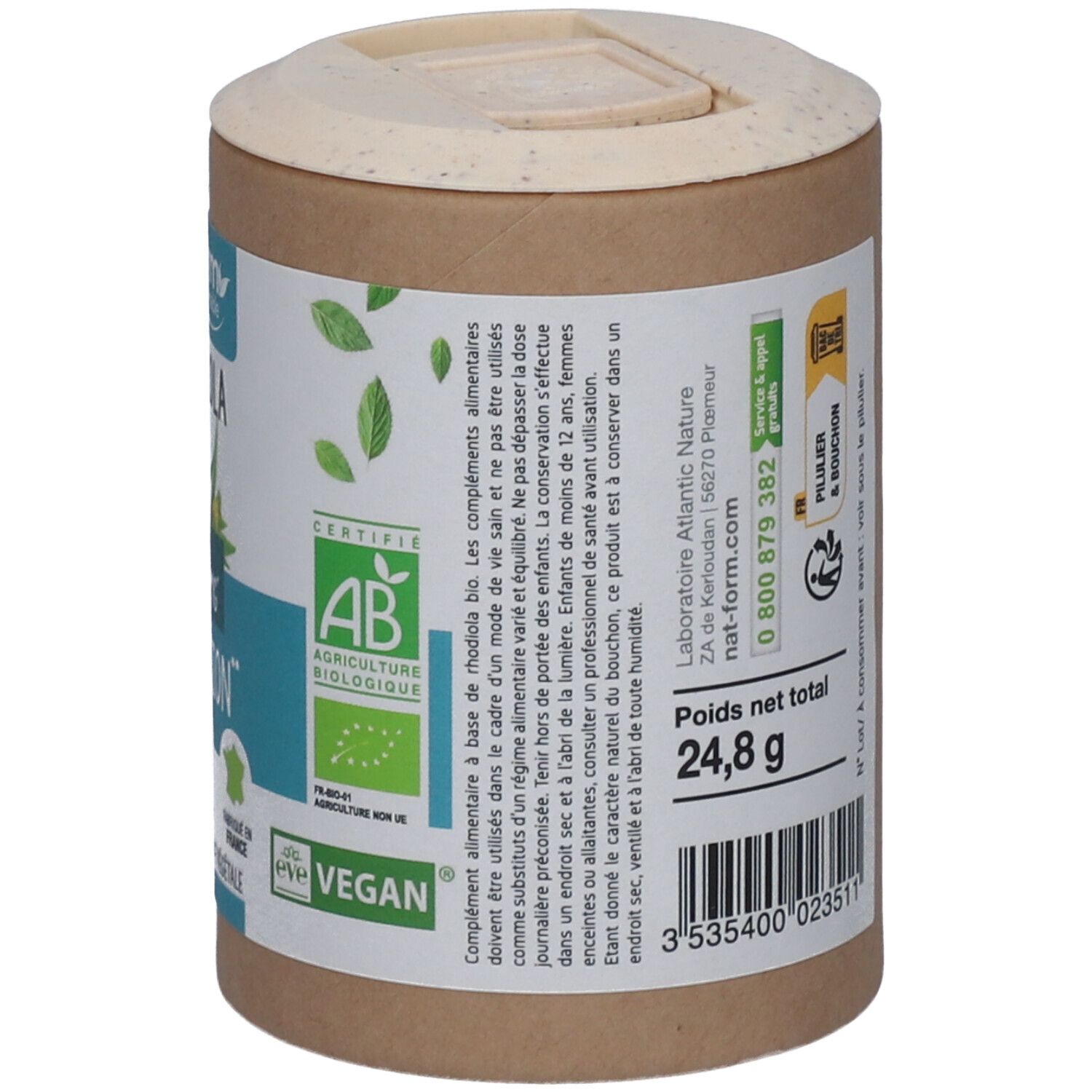 Dos de la boîte cylindrique. Contient des informations sur les ingrédients et l'utilisation. Poids net total : 24,8 g.