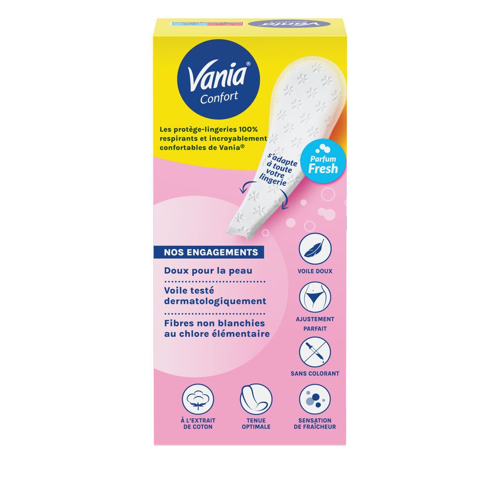 Vania Confort protège-slips: voile doux, testé dermato, fibres non blanchies.